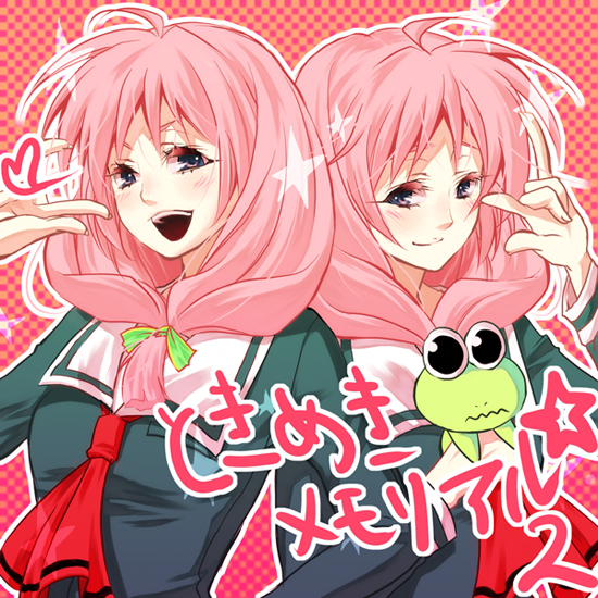 takasuna akira, shirayuki maho, shirayuki miho, konami, tokimeki memorial, tokimeki memorial 2, 2girls, blush, copyright name, frog, front ponytail, multiple girls, pink hair, pointing, purple eyes, school uniform, serafuku, siblings, sisters, star (symbol), twins