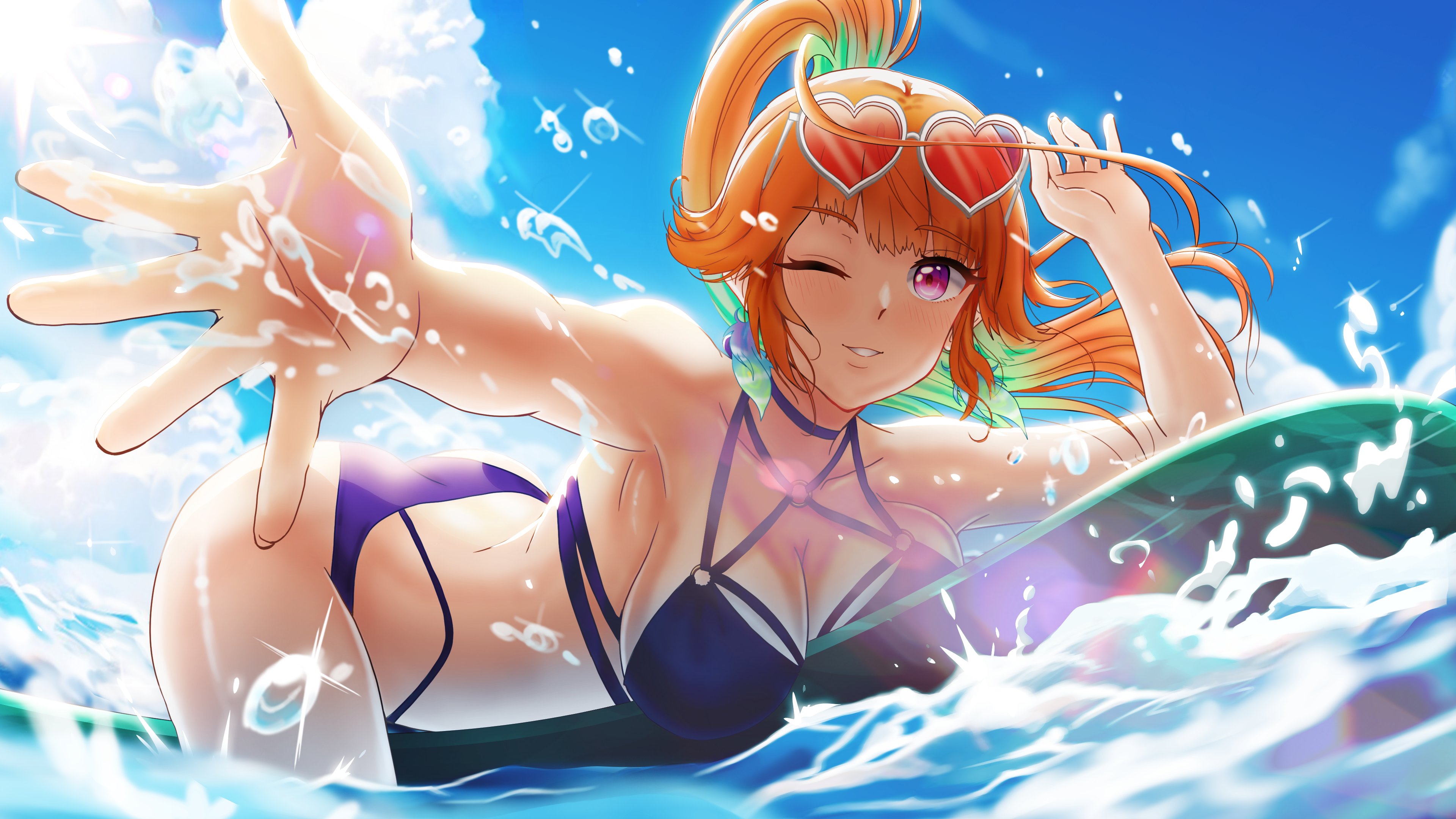 takanashi kiara, hololive, hololive english, absurdres, highres, 1girl, blue sky, breasts, earrings, eyewear on head, feather earrings, feathers, gradient hair, green hair, hoshigakitouma, jewelry, looking at viewer, multicolored hair, ocean, orange hair, sky, smile, solo, swimsuit, two-tone hair, water
