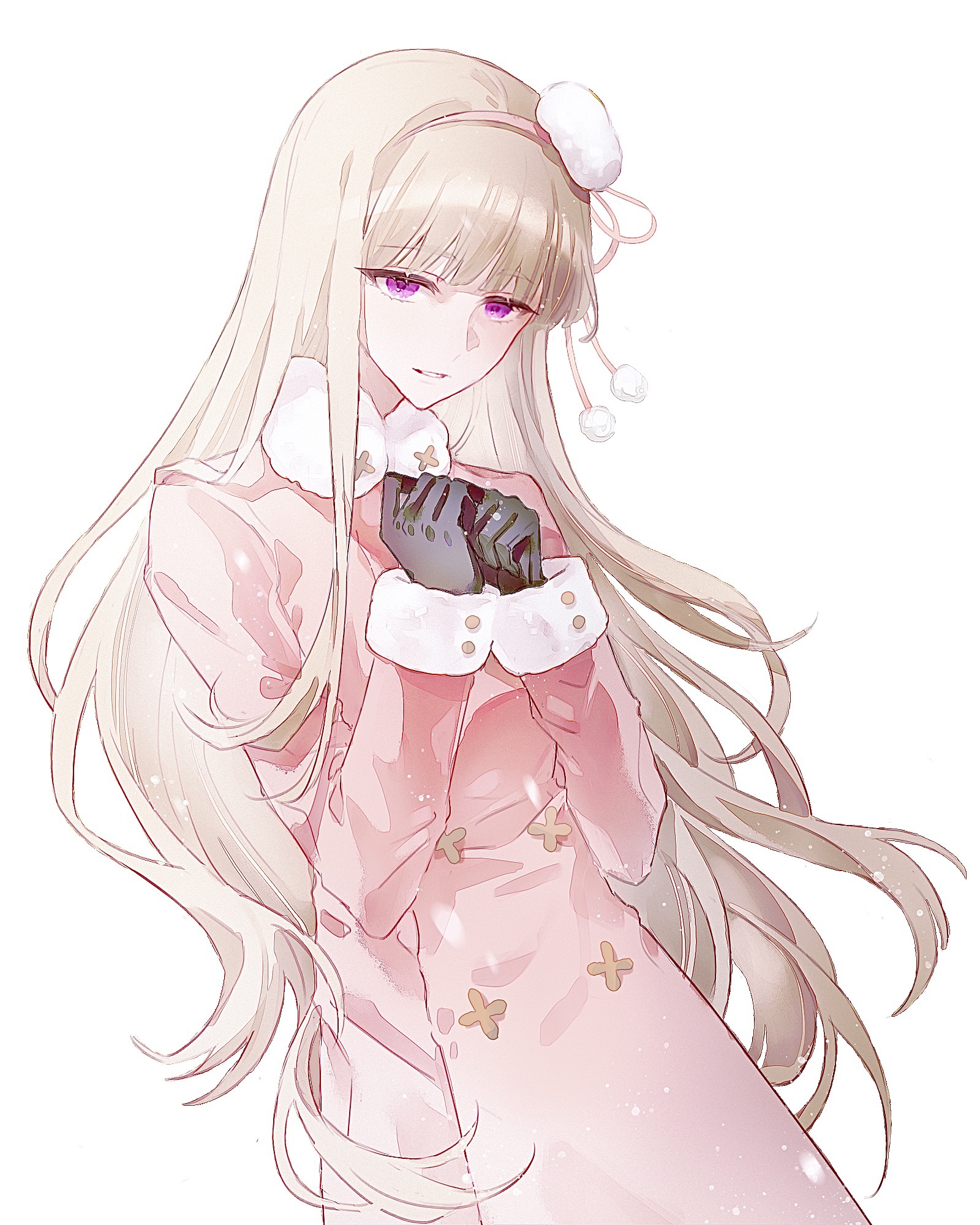 axis powers hetalia, highres, 1girl, blonde hair, coat, fur-trimmed coat, fur trim, gloves, guixiao120, hairband, long hair, long sleeves, looking at viewer, pink coat, purple eyes, russia (female) (hetalia), simple background, smile, solo, upper body, white background