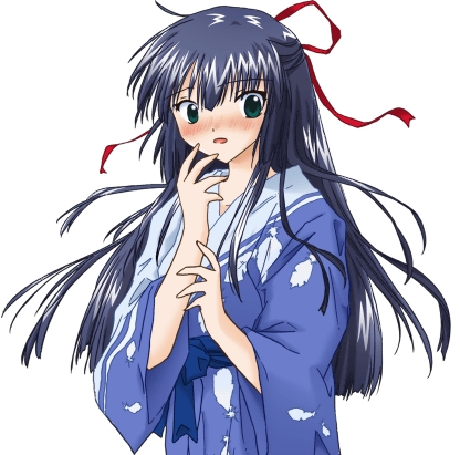 karasuma chitose, galaxy angel, lowres, non-web source, 00s, 1girl, blue hair, blue kimono, feathers, female focus, green eyes, half updo, japanese clothes, kimono, long hair, solo, yukata