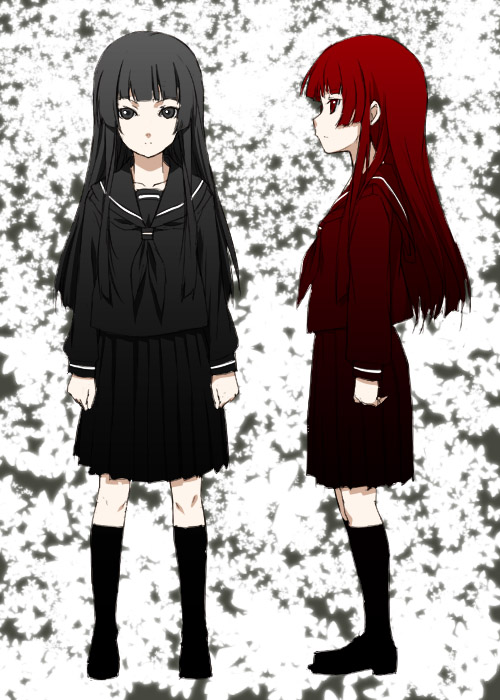 mizuki makoto, enma ai, jigoku shoujo, 00s, 1girl, black serafuku, blunt bangs, hime cut, long hair, school uniform, serafuku
