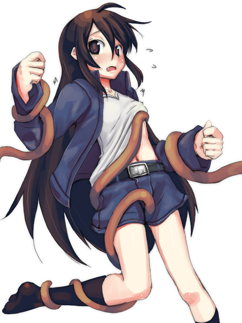 itou ryuusei, sanbi, 1girl, belt, brown eyes, brown hair, clothes lift, female focus, long hair, shirt lift, shorts, solo, tentacles