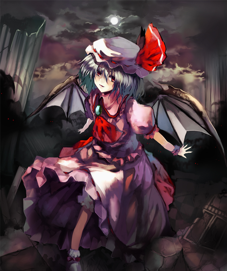 ken (coffee michikusa), remilia scarlet, touhou, bad id, bad pixiv id, 1girl, female focus, hat, outdoors, ribbon, short hair, skirt, sky, solo, wings