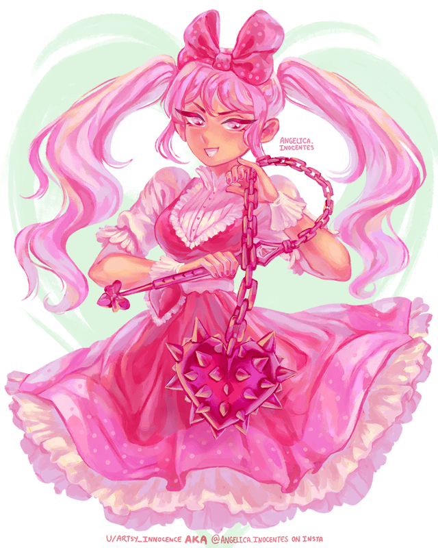 artsyinnocence, sweetheart (omori), omori, commentary, english commentary, 1girl, artist name, bow, buttons, collared shirt, cowboy shot, cropped legs, dark-skinned female, dark skin, dress, dress shirt, evil smile, eyelashes, frilled dress, frilled sleeves, frills, green background, hair bow, heart, heart background, high collar, holding, holding mace, holding weapon, instagram username, long hair, looking at viewer, mace, medium dress, open mouth, pinafore dress, pink bow, pink dress, pink eyes, pink hair, pleated dress, polka dot, polka dot bow, polka dot dress, puffy short sleeves, puffy sleeves, shirt, short sleeves, sleeveless, sleeveless dress, smile, solo, standing, twintails, two-tone background, weapon, white background, white shirt, white wrist cuffs, wrist cuffs