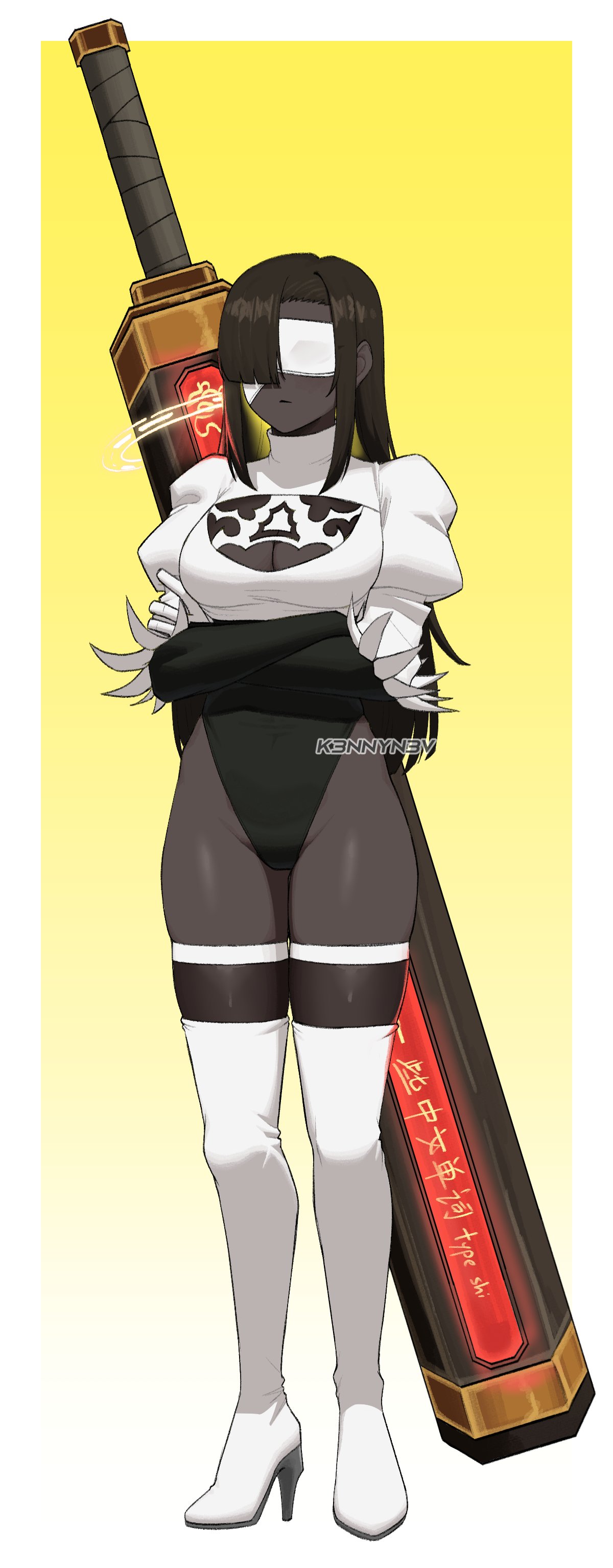 k3nnyn3v, 2b (nier:automata), zilu (project moon), limbus company, nier:automata, nier (series), project moon, absurdres, commentary, english commentary, highres, 1girl, 2b (nier:automata) (cosplay), artist name, black hair, black leotard, black skin, blindfold, boots, breasts, cleavage cutout, clothing cutout, colored skin, cosplay, crossed arms, crossover, dark-skinned female, dark skin, gradient background, greatsword, high heel boots, high heels, holding, huge weapon, leotard, puffy sleeves, solo, standing, sword, thigh boots, two-handed, two-handed sword, weapon, white boots, yellow background