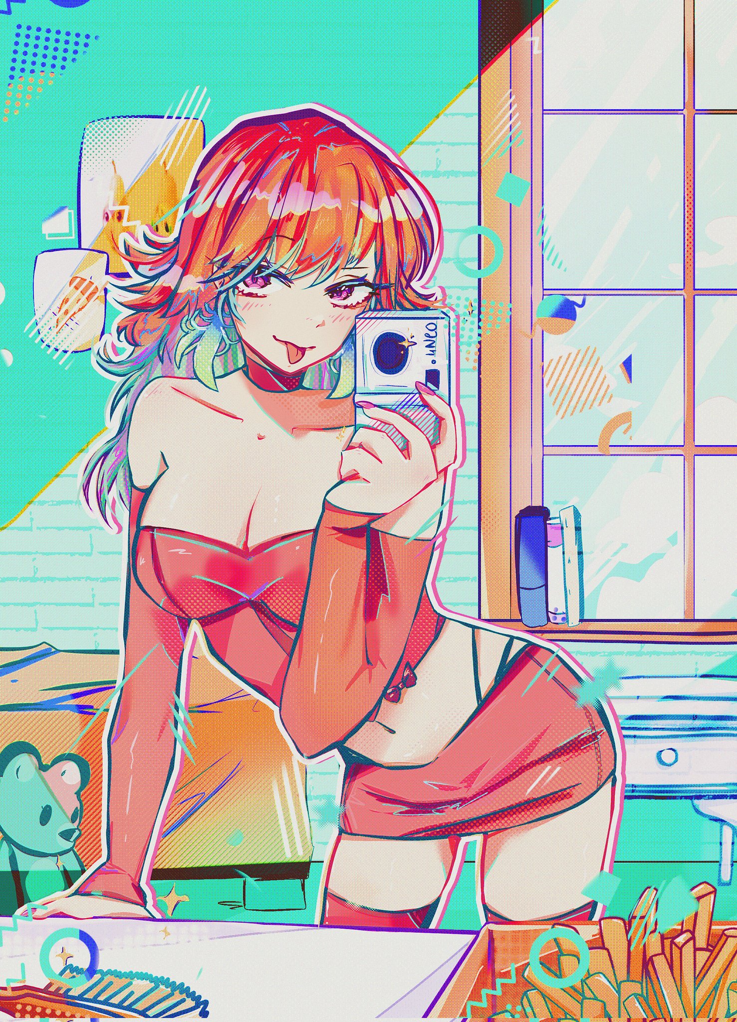 takanashi kiara, hololive, hololive english, highres, 1girl, 4neo, bare shoulders, ben-day dots, breasts, camera, cleavage, collarbone, gradient hair, green hair, holding, holding camera, indoors, long hair, looking at viewer, miniskirt, multicolored hair, orange hair, screentones, skirt, smile, solo, stuffed animal, stuffed toy, teddy bear, tongue, tongue out, two-tone hair, window