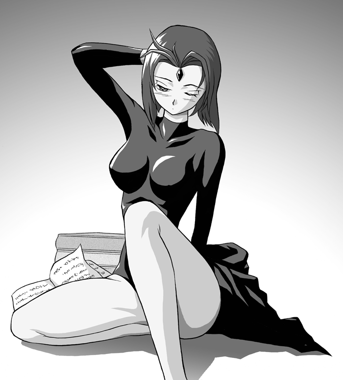 ui roo, raven (dc), dc comics, teen titans, bare legs, breasts, leotard, monochrome, sitting, skin tight, sleepy, spandex, wink