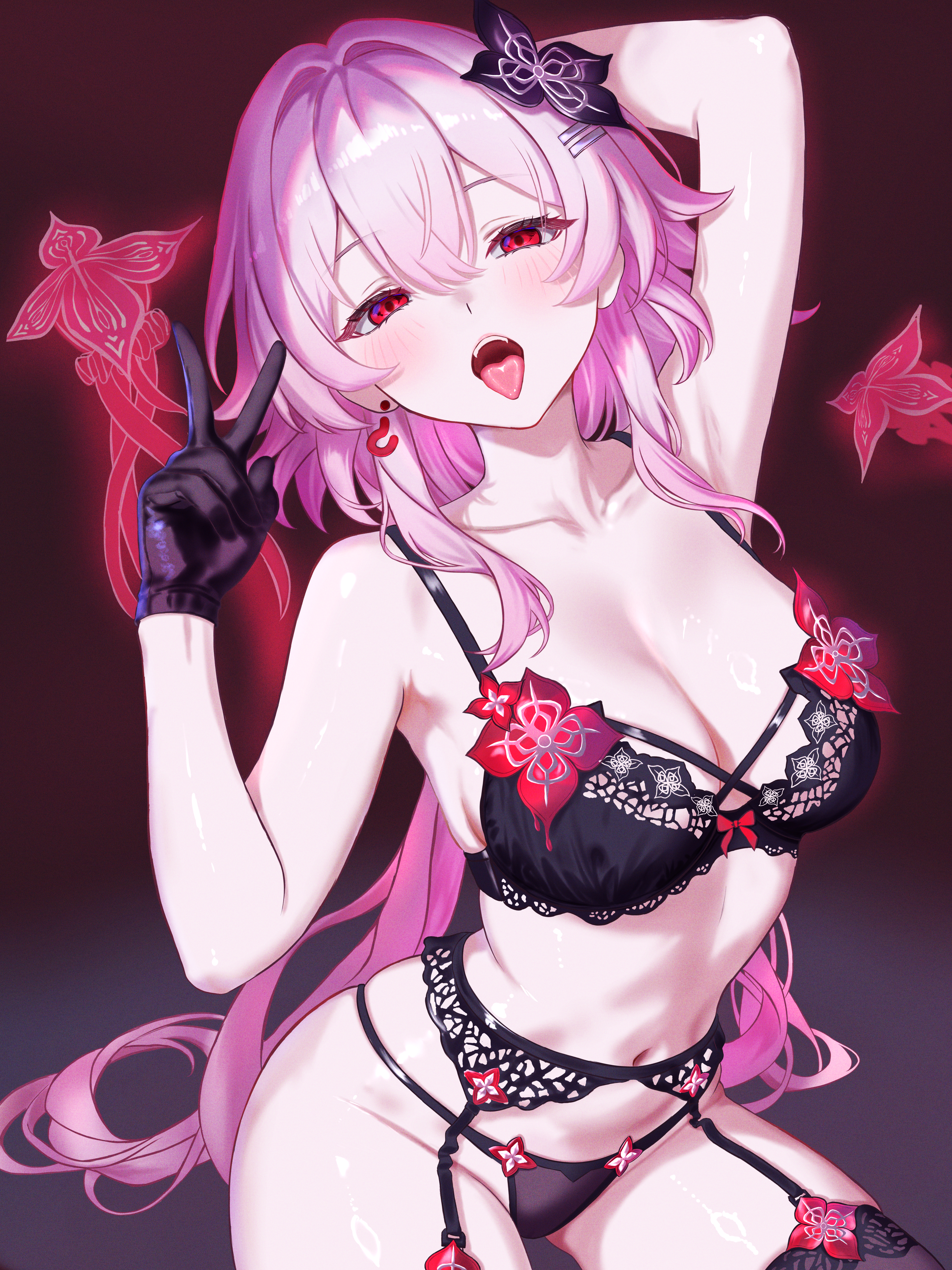 zea (zeamilky), evernight (honkai: star rail), march 7th (honkai: star rail), honkai: star rail, honkai (series), absurdres, commentary request, highres, 1girl, arm behind head, arm up, armpits, bare shoulders, black bra, black flower, black garter belt, black gloves, black panties, blush, bra, breasts, cleavage, collarbone, evey (honkai: star rail), flower, garter belt, gloves, hair between eyes, hair flower, hair intakes, hair ornament, hand up, jellyfish, large breasts, lingerie, long hair, looking at viewer, navel, open mouth, panties, pink hair, red eyes, solo, stomach, thighs, tongue, tongue out, underwear, underwear only, v
