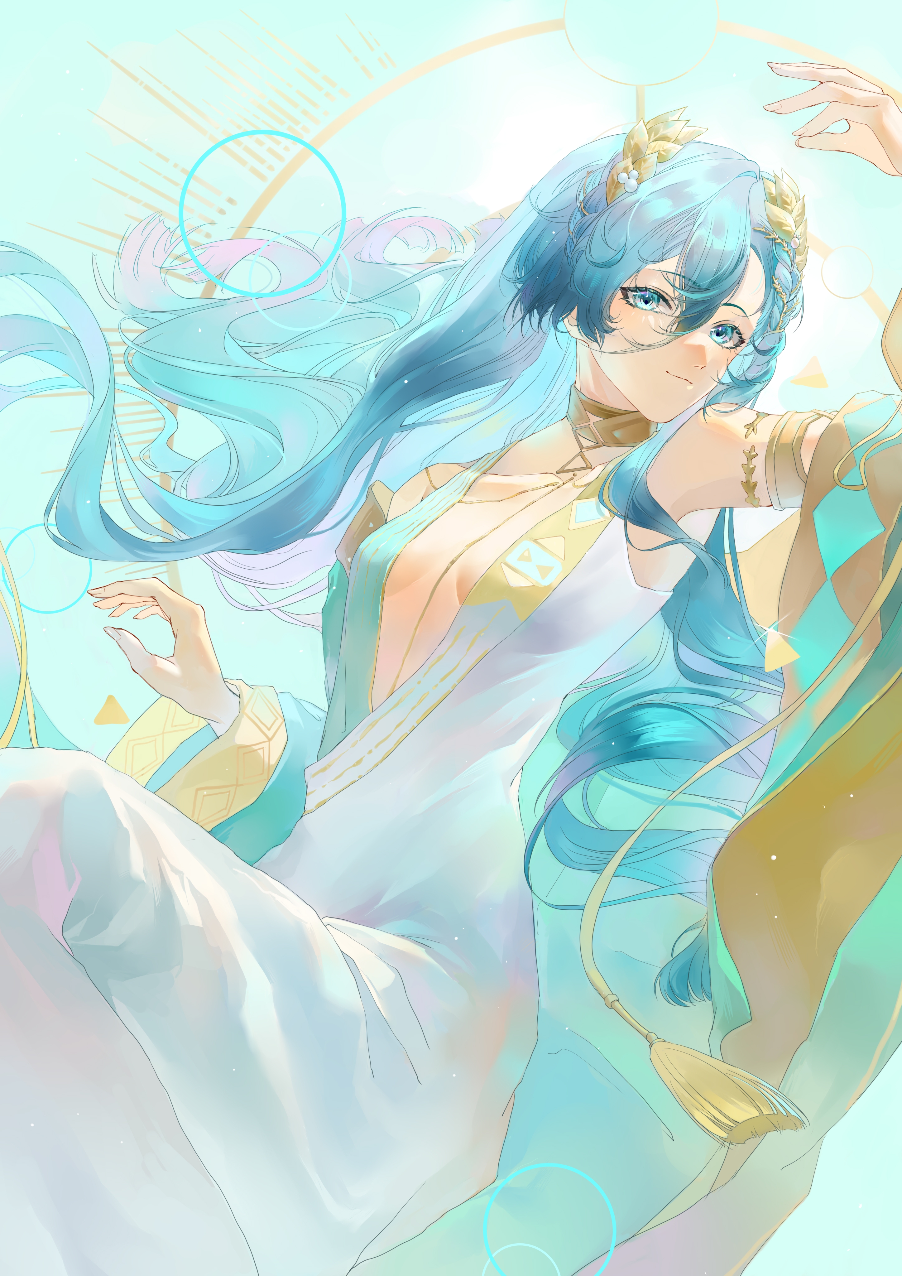 37 (reverse:1999), reverse:1999, absurdres, highres, 1girl, ancient greek clothes, arm up, blue background, blue eyes, blue hair, blue robe, breasts, breasts apart, closed mouth, gold choker, greco-roman clothes, hair between eyes, laurel crown, long hair, medium breasts, no bra, plunging neckline, robe, smile, snow (xueyuanji), solo, toga, upper body, very long hair