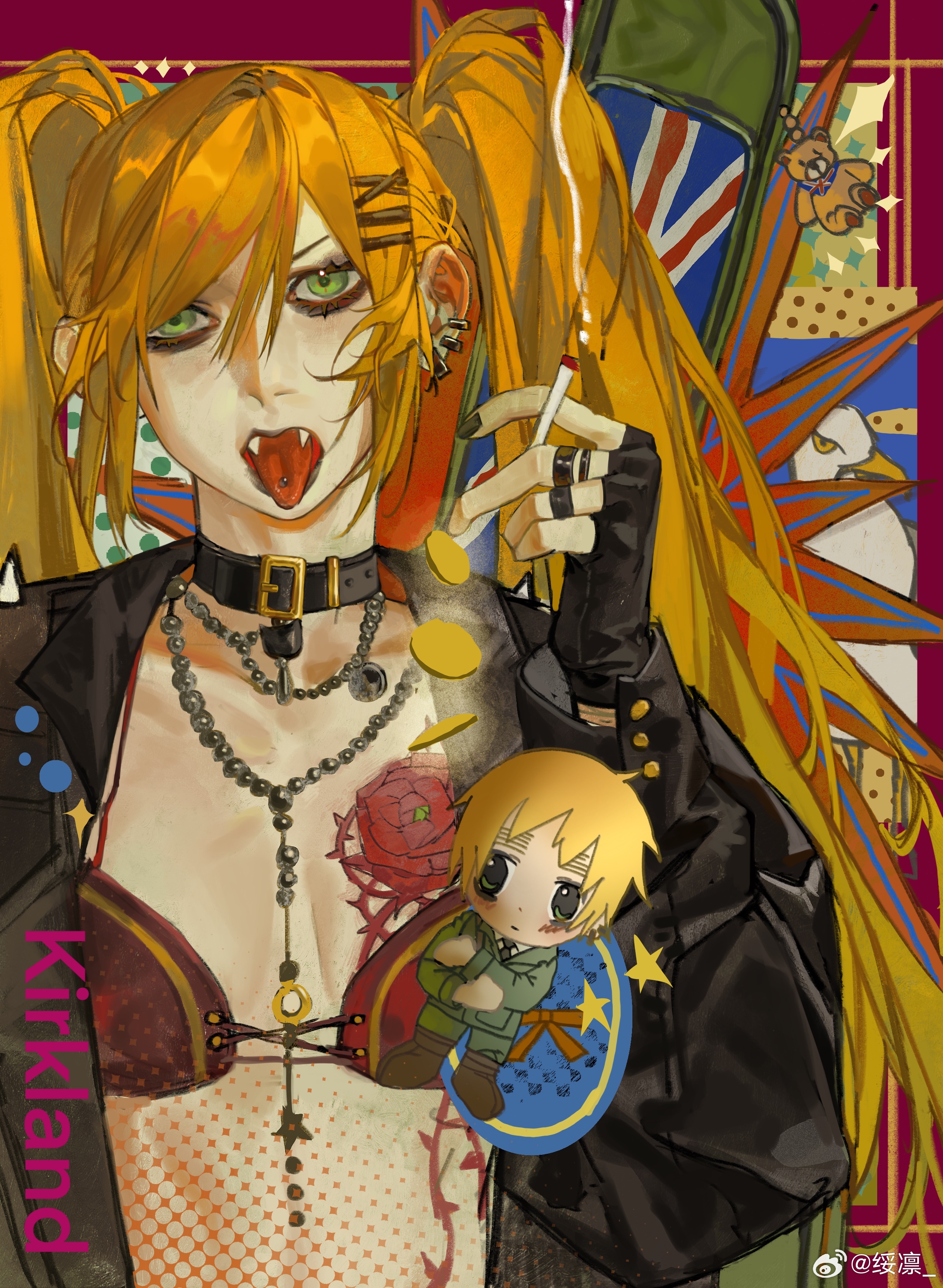 suilin82942, united kingdom (hetalia), axis powers hetalia, absurdres, highres, 1boy, 1girl, blonde hair, bra, breasts, character doll, chest tattoo, choker, cigarette, cleavage, doll, earrings, eyeshadow, eyeshadow under eye, fangs, fingerless gloves, gloves, green eyes, hair ornament, hairclip, holding, holding cigarette, jacket, jewelry, long hair, long sleeves, looking at viewer, makeup, military uniform, multiple earrings, necklace, piercing, punk, ring, short hair, small breasts, tattoo, thick eyebrows, tongue, tongue out, tongue piercing, twintails, underwear, united kingdom (female) (hetalia), watermark, weibo watermark