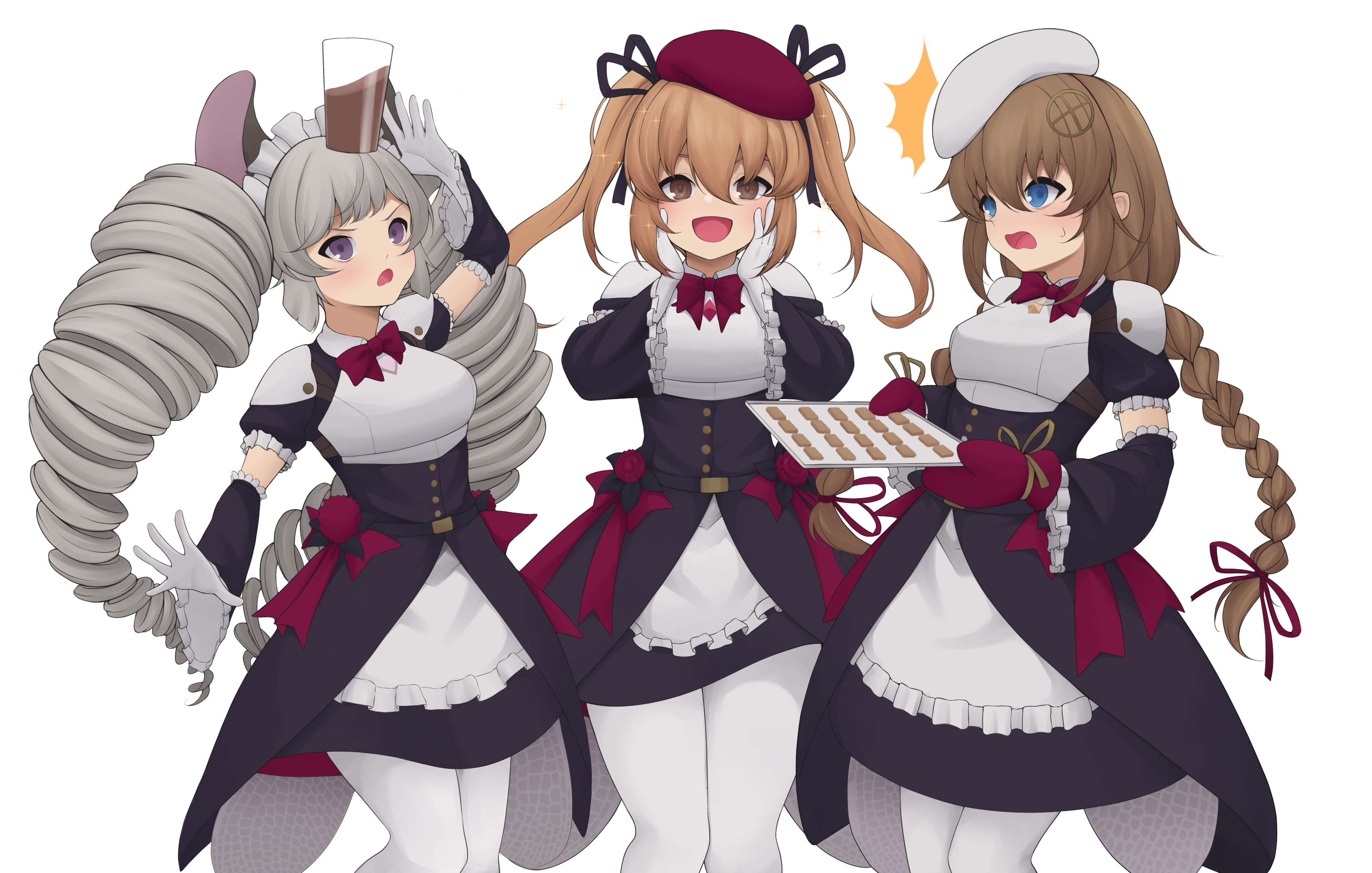 act (xadachit), fnc (girls' frontline), sten mkii (girls' frontline), girls' frontline, absurdres, character request, commentary, commission, english commentary, highres, 3girls, :d, alternate costume, animal ears, apron, armor, beret, black armor, black bow, black dress, black ribbon, blue eyes, blush, bow, braid, brown eyes, brown hair, chocolate milk, collared dress, contrast collar, cup, cup on head, d:, dated commentary, dress, drill hair, feet out of frame, food, frilled apron, frilled arm warmers, frilled sleeves, frills, gloves, grey hair, hair between eyes, hair bow, hair ornament, hair ribbon, hands on own cheeks, hands on own face, hat, holding, holding tray, long hair, looking at another, looking at viewer, low twin braids, maid headdress, mouse ears, multiple girls, open mouth, pantyhose, peanut mouth, purple eyes, red bow, red hat, red ribbon, ribbon, short sleeves, sidelocks, smile, sparkle, standing, transparent background, tray, twin braids, twin drills, twintails, very long hair, waist apron, white apron, white gloves, white hat, white pantyhose