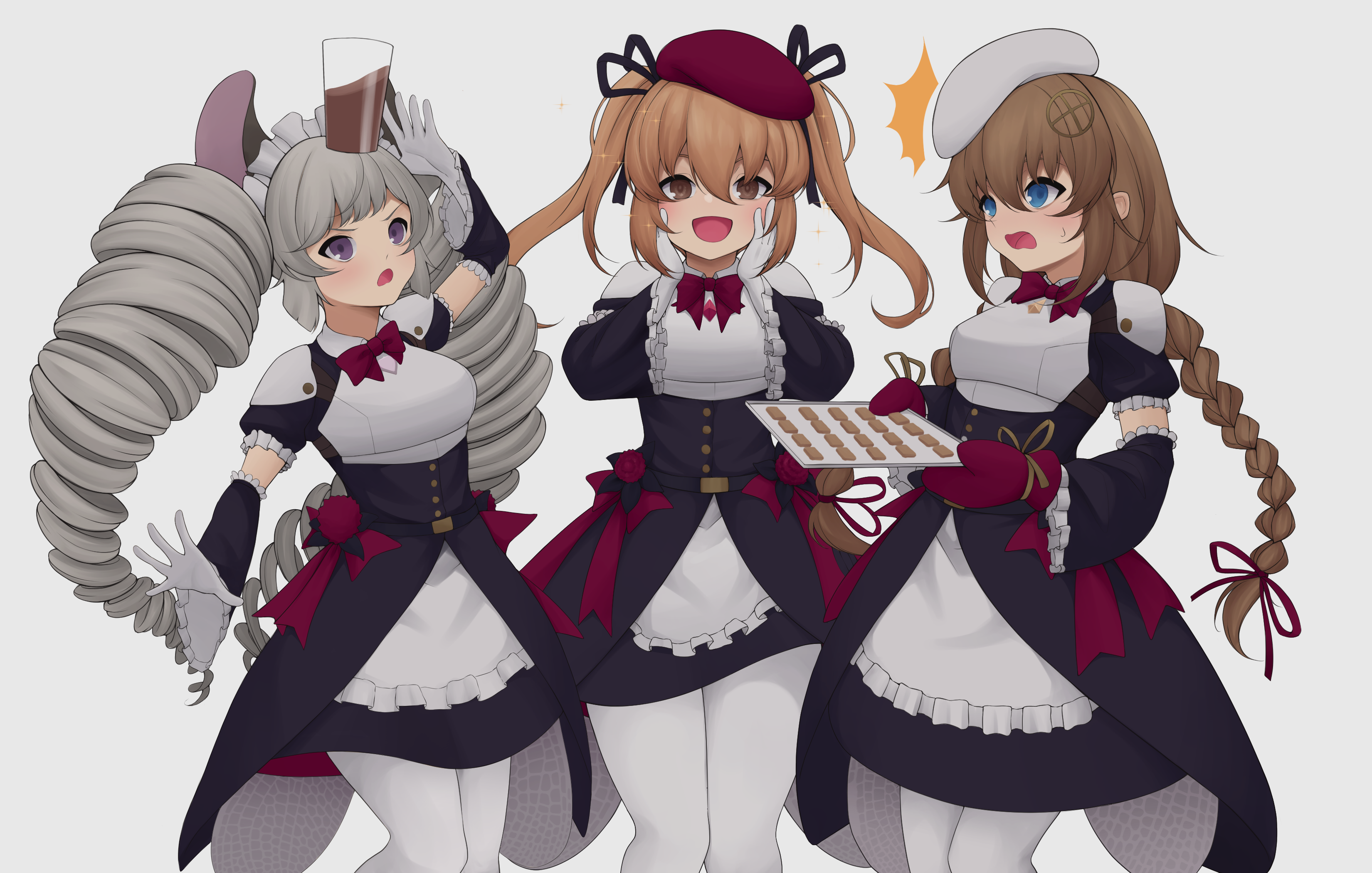 act (xadachit), fnc (girls' frontline), sten mkii (girls' frontline), girls' frontline, absurdres, character request, commentary, commission, english commentary, highres, 3girls, :d, alternate costume, animal ears, apron, armor, beret, black armor, black bow, black dress, black ribbon, blue eyes, blush, bow, braid, brown eyes, brown hair, chocolate milk, collared dress, contrast collar, cup, cup on head, d:, dated commentary, dress, drill hair, feet out of frame, food, frilled apron, frilled arm warmers, frilled sleeves, frills, gloves, grey hair, hair between eyes, hair bow, hair ornament, hair ribbon, hands on own cheeks, hands on own face, hat, holding, holding tray, long hair, looking at another, looking at viewer, low twin braids, maid headdress, mouse ears, multiple girls, open mouth, pantyhose, peanut mouth, purple eyes, red bow, red hat, red ribbon, ribbon, short sleeves, sidelocks, simple background, smile, sparkle, standing, tray, twin braids, twin drills, twintails, very long hair, waist apron, white apron, white background, white gloves, white hat, white pantyhose