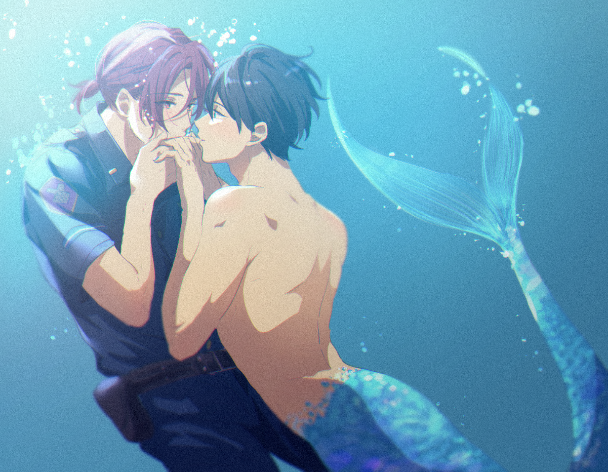 matsuoka rin, nanase haruka (free!), free!, commentary request, 2boys, air bubble, belt, black belt, black pants, blue background, bubble, holding hands, male focus, merman, monster boy, multiple boys, pants, police, police uniform, ponytail, shaaark rotta03, short hair, short sleeves, topless male, underwater, yaoi