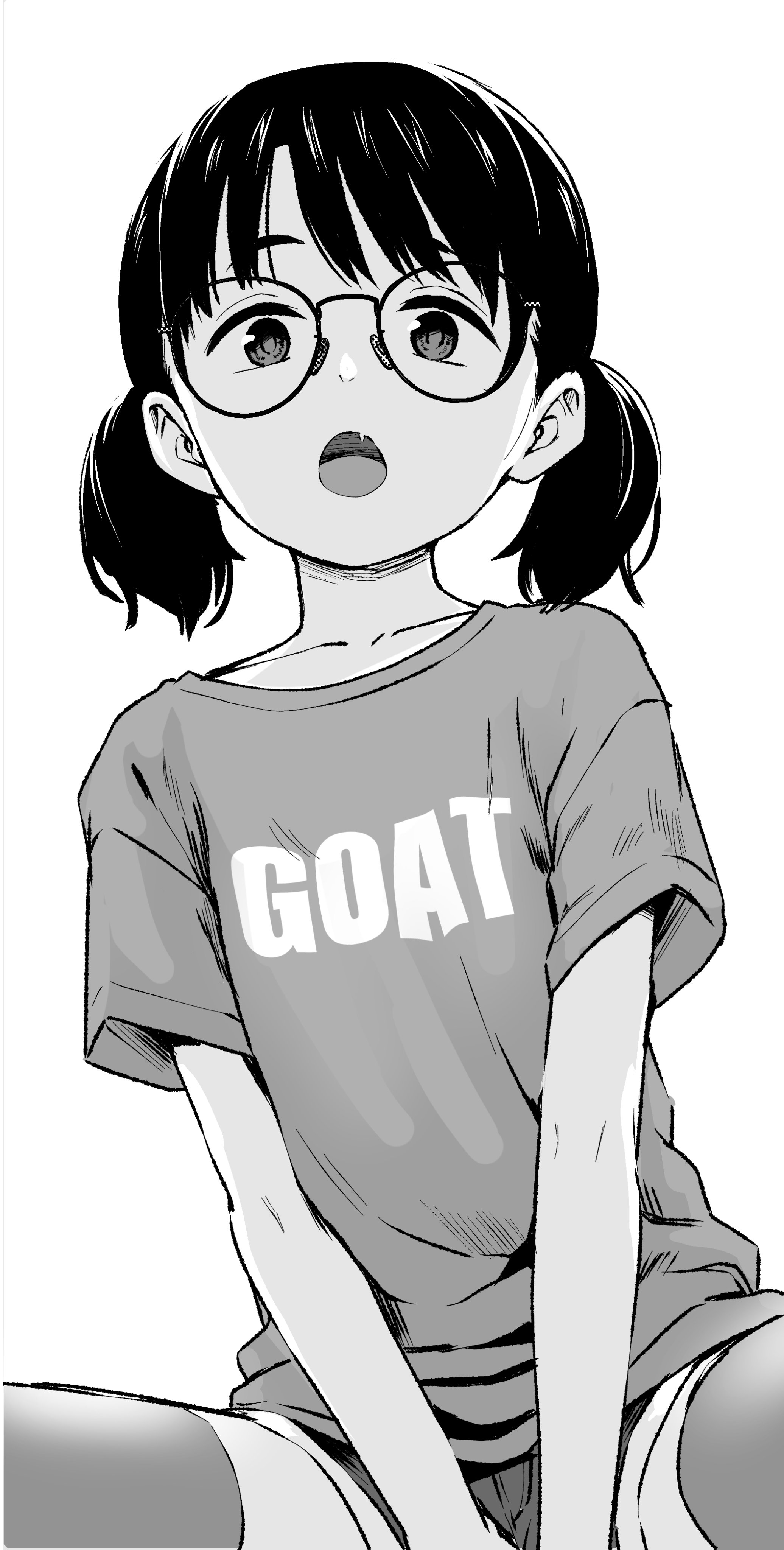 kurebayashi asami, original, absurdres, highres, 1girl, clothes writing, freckles, glasses, greyscale, looking at viewer, monochrome, open mouth, shirt, short twintails, sitting, solo, t-shirt, twintails