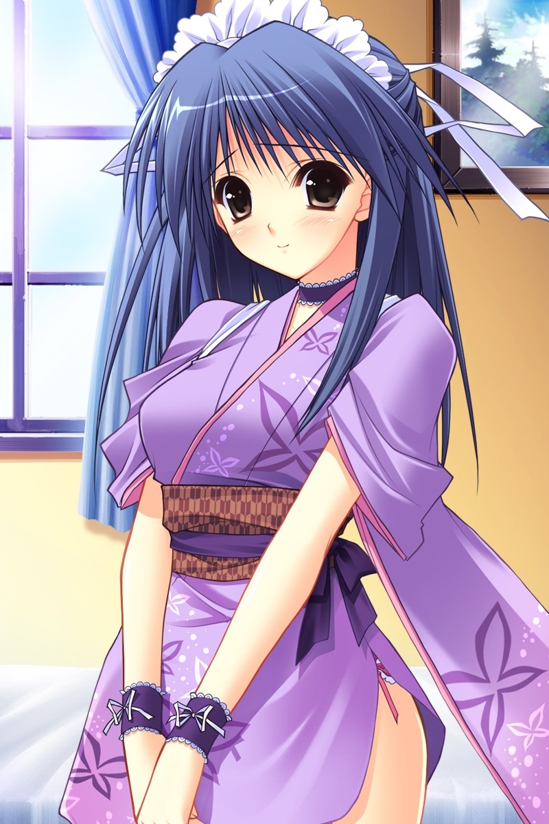 suzuhira hiro, karin (ne~pon? x rai pon!), ne~pon? x rai pon!, highres, 1girl, blue hair, blush, brown eyes, choker, female focus, grey eyes, hair ribbon, japanese clothes, kimono, long hair, maid, ribbon, short kimono, smile, solo, wa maid, wristband