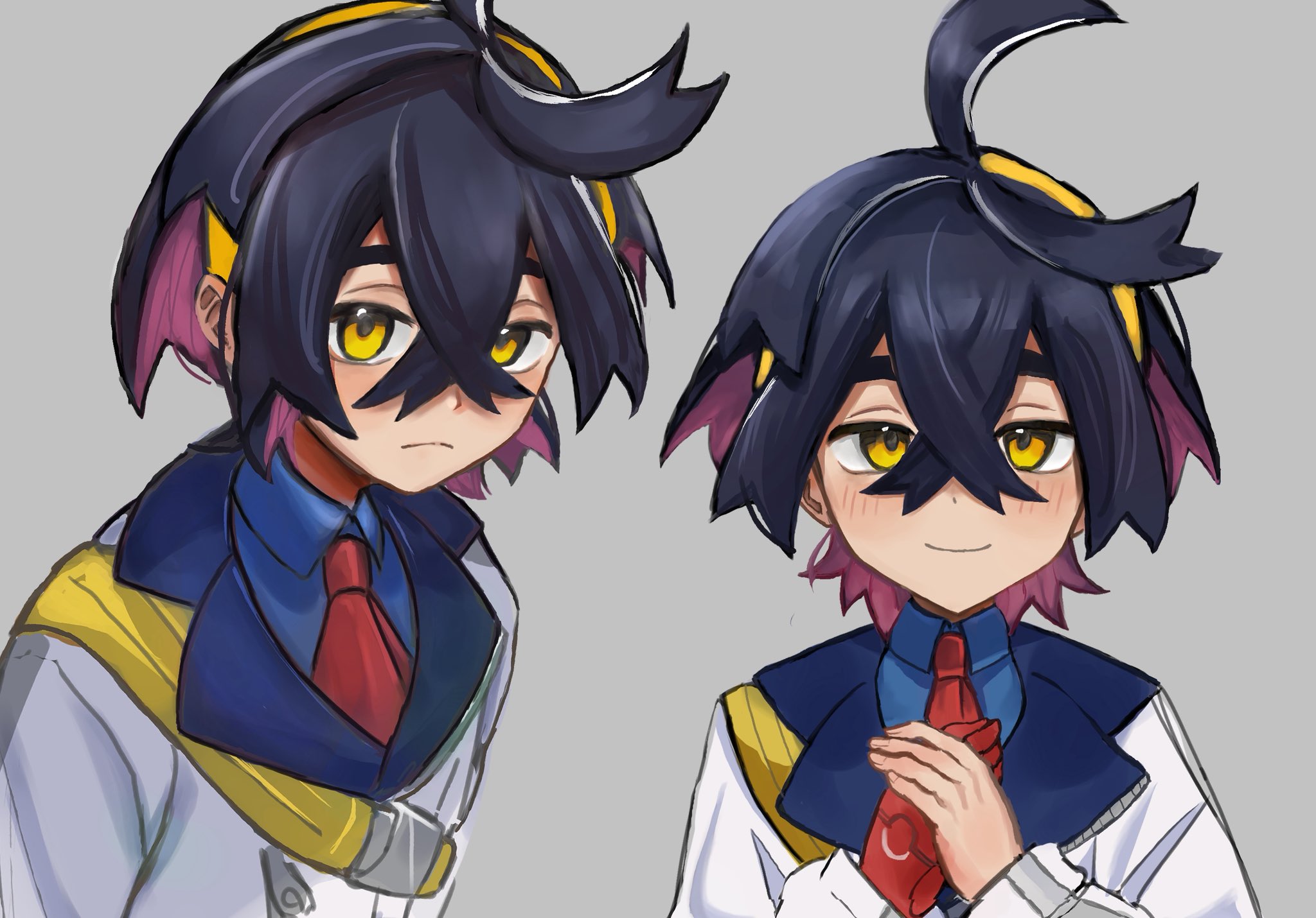 chihiro mo sushi, kieran (pokemon), nintendo, pokemon, pokemon sv, commentary, highres, symbol-only commentary, 1boy, black hair, blue shirt, blush, closed mouth, collared shirt, crossed bangs, gloves, grey background, hair between eyes, hairband, jacket, long sleeves, looking at viewer, male focus, multicolored hair, multiple views, own hands together, pink hair, shirt, simple background, single glove, upper body, white jacket, yellow eyes, yellow hairband