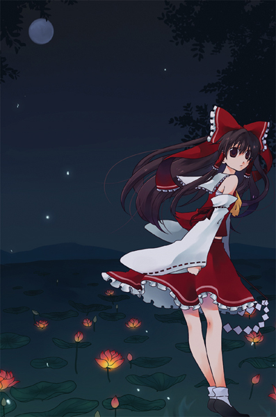 siva, hakurei reimu, touhou, bad id, bad pixiv id, 1girl, brown hair, female focus, flower, gohei, japanese clothes, long hair, miko, nature, outdoors, plant, ribbon, skirt, sky, solo
