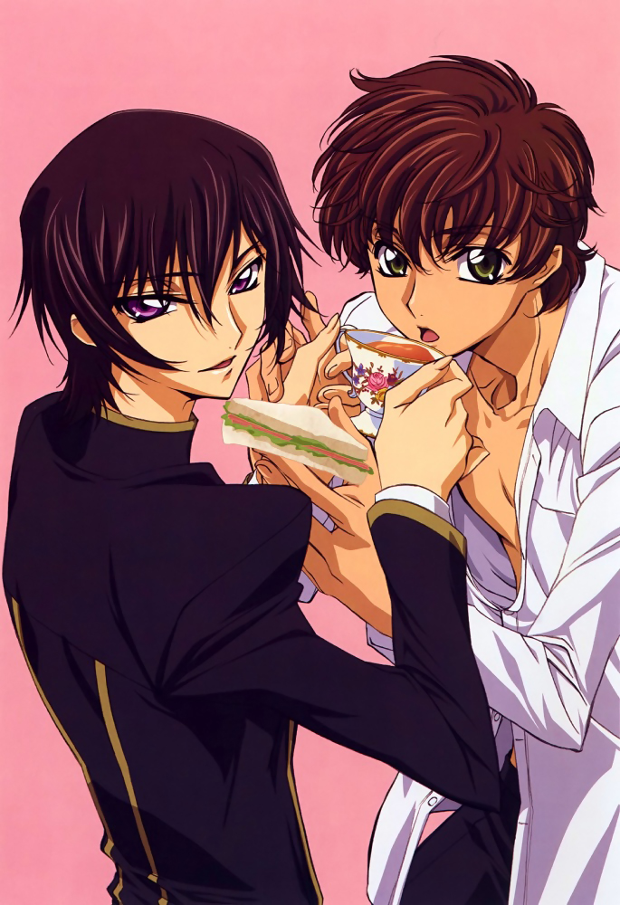 sakou yukie, kururugi suzaku, lelouch vi britannia, code geass, 00s, 2boys, black hair, brown hair, cup, dress shirt, food, green eyes, looking back, male focus, multiple boys, open mouth, purple eyes, sandwich, school uniform, serafuku, shirt, simple background, smile, tea, teacup, unbuttoned