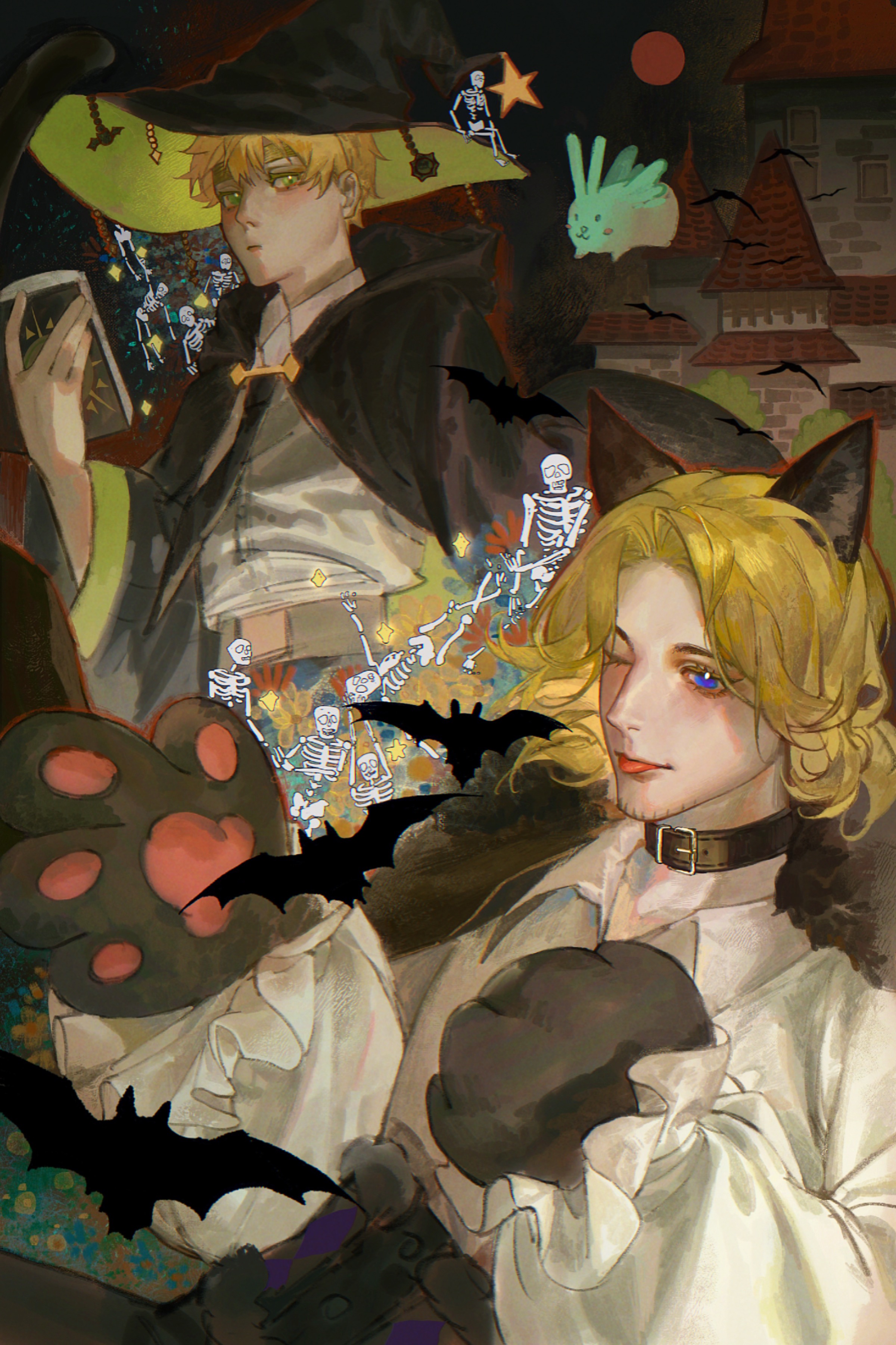 suilin82942, france (hetalia), united kingdom (hetalia), axis powers hetalia, absurdres, highres, 2boys, animal ears, bat (animal), blonde hair, blue eyes, book, cat boy, cat ears, collar, creature, facial hair, goatee stubble, green eyes, hat, holding, holding book, kemonomimi mode, looking at viewer, male focus, medium hair, multiple boys, necktie, one eye closed, robe, shirt, short hair, skeleton, stubble, thick eyebrows, tongue, tongue out, white shirt, witch hat