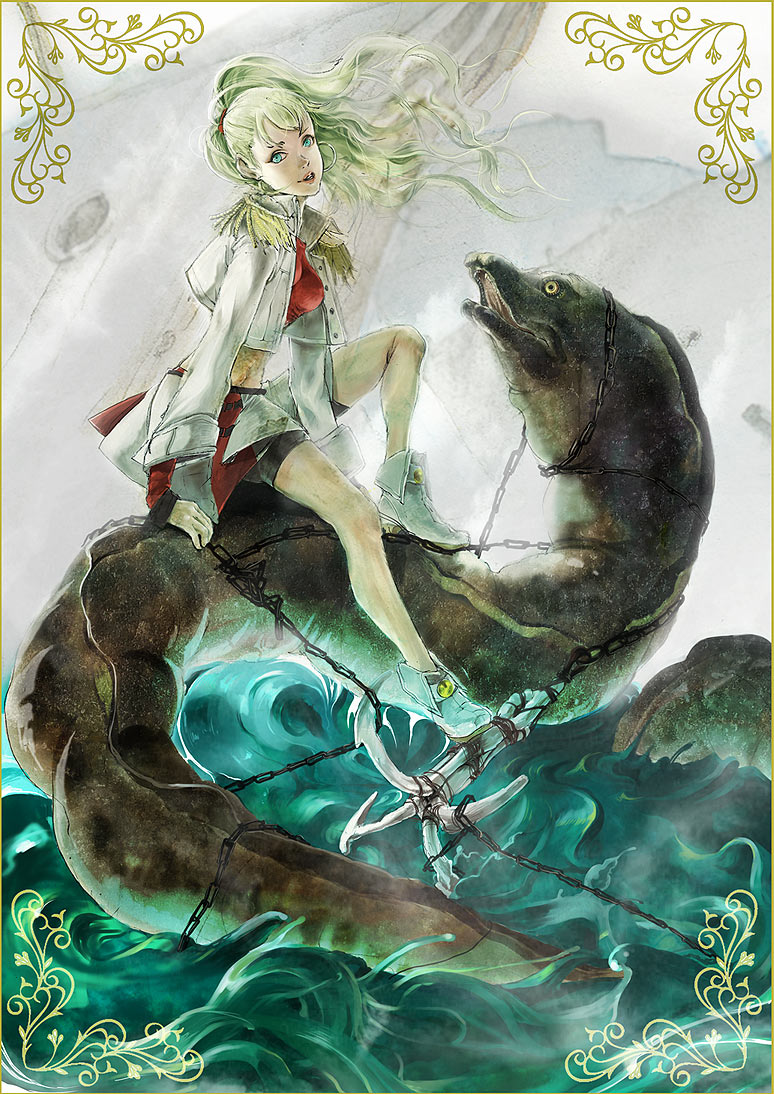 8981, original, bad id, bad pixiv id, blonde hair, chain, eel, green eyes, long hair, midriff, ocean, solo