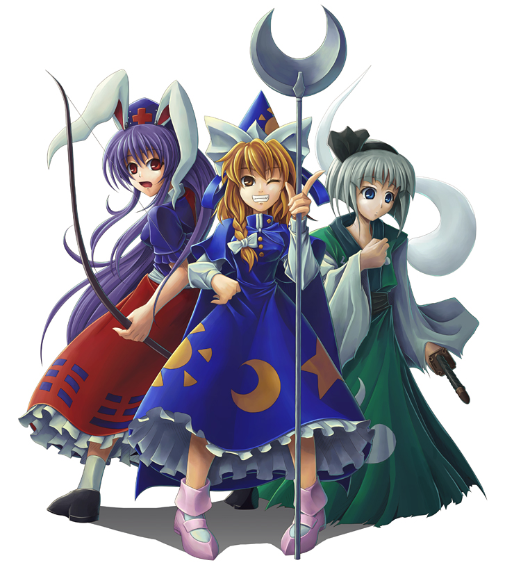 koto tsubane, kirisame marisa, konpaku youki, konpaku youmu, konpaku youmu (ghost), mima (touhou), reisen udongein inaba, yagokoro eirin, touhou, touhou (pc-98), silver hair, 3girls, animal ears, blonde hair, bow (weapon), cosplay, female focus, ghost, hat, hitodama, japanese clothes, katana, kimono, konpaku youki (cosplay), long hair, mima (cosplay), multiple girls, purple hair, rabbit ears, ribbon, sheath, sheathed, short hair, staff, sword, weapon, wizard hat, yagokoro eirin (cosplay)