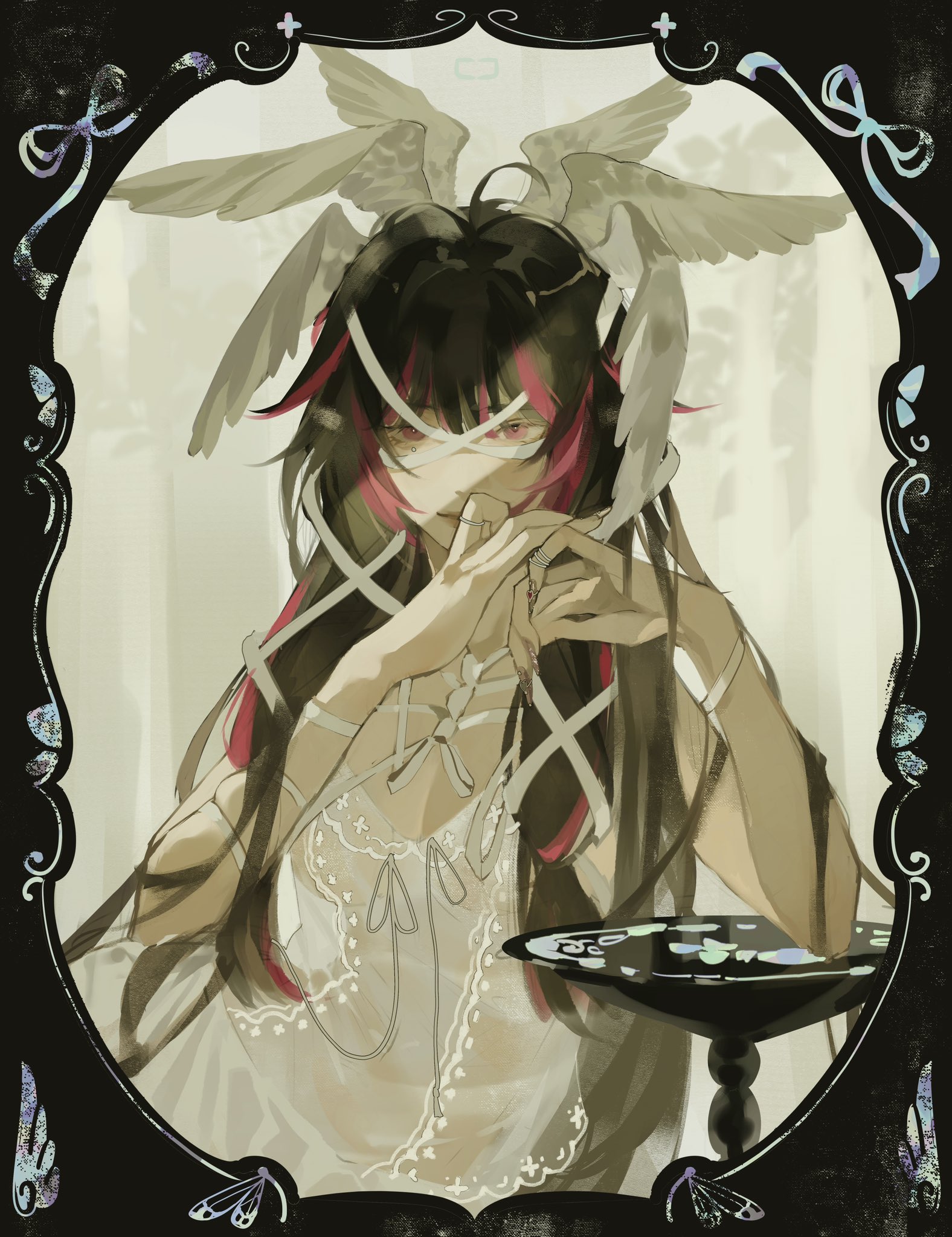 kakyoriya, columbina (genshin impact), genshin impact, highres, 1girl, angel wings, black hair, closed mouth, dress, elbow on table, feathered wings, hands up, head wings, looking ahead, looking at viewer, multicolored hair, own hands together, pink eyes, pink hair, pink nails, see-through clothes, see-through dress, smile, solo, two-tone hair, upper body, white dress, white wings, wings