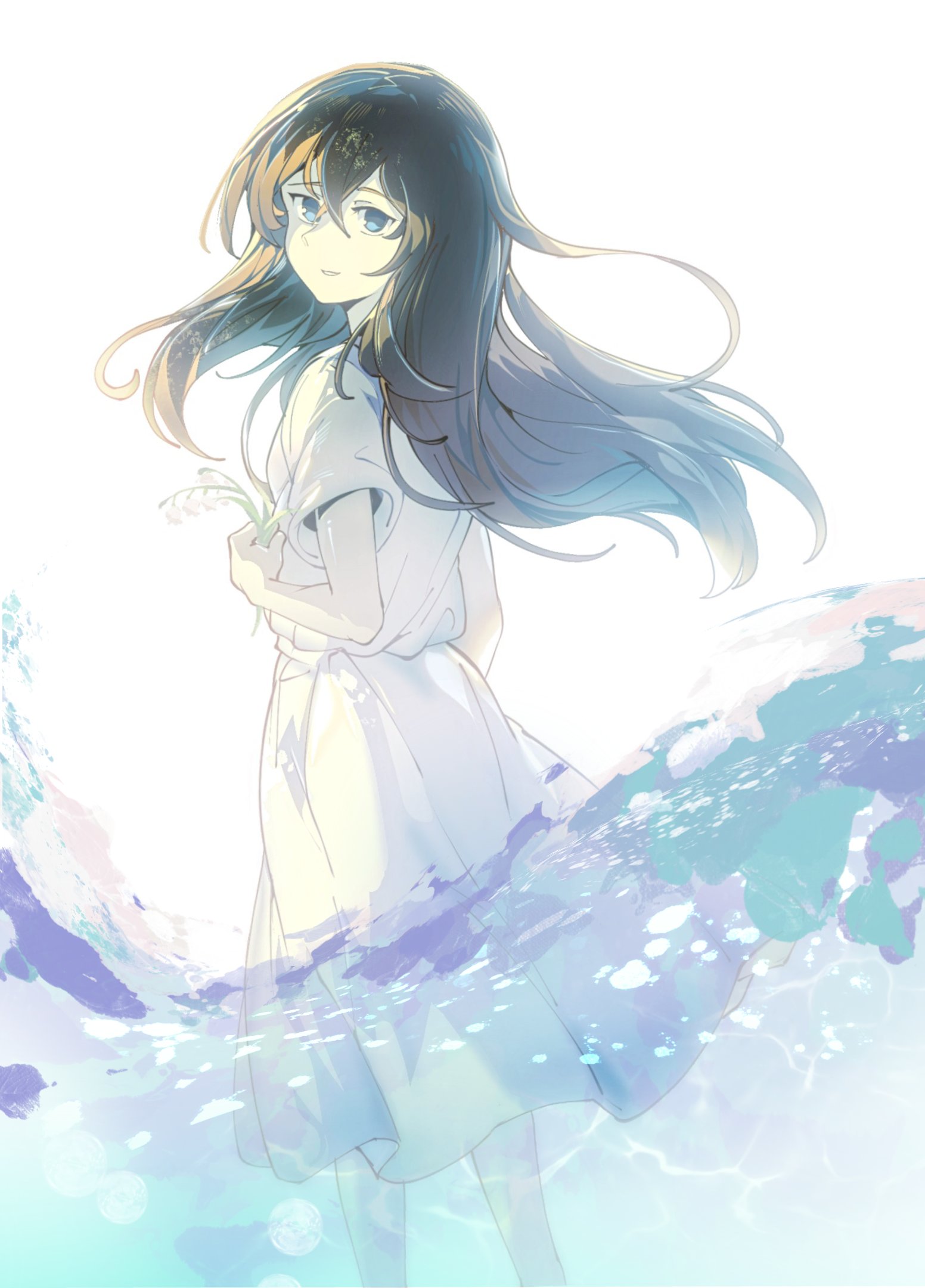 zs zealsummer, mari (omori), mari (spirit) (omori), omori, commentary, english commentary, highres, 1girl, alternate eye color, bare arms, black hair, blue eyes, crossed bangs, double-parted bangs, dress, feet out of frame, flower, from behind, grin, hair between eyes, holding, holding flower, lily of the valley, long hair, pale skin, short sleeves, smile, solo, standing, very long hair, wading, water, white background, white dress, white flower