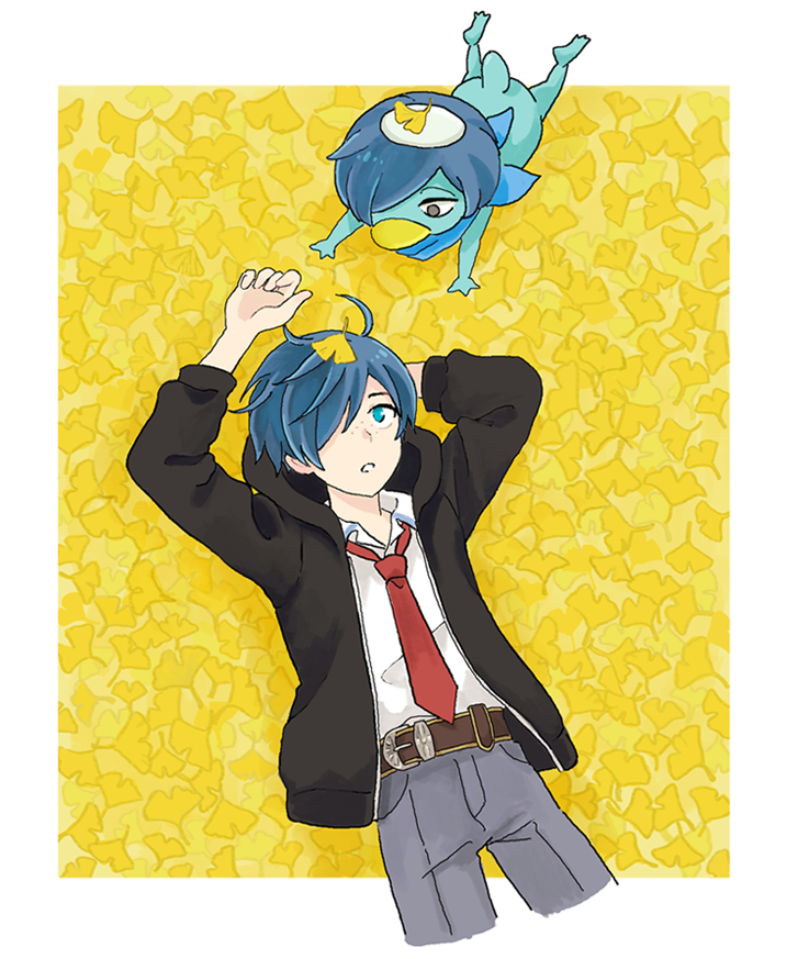 kuji toi, sarazanmai, commentary request, 1boy, belt, black jacket, blue eyes, blue hair, border, brown belt, cropped legs, freckles, ginkgo leaf, hair over one eye, jacket, kappa, leaf, lying, male focus, necktie, on back, parted lips, red necktie, shirt, white border, white shirt, ya ko222