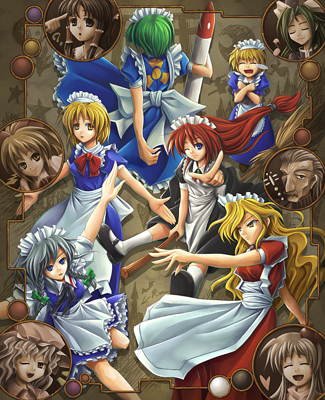 erich, koto tsubane, alice margatroid, alice margatroid (pc-98), erich (seihou), gengetsu (touhou), hakurei reimu, izayoi sakuya, kirisame marisa, mima (touhou), mimi-chan, mugetsu (touhou), remilia scarlet, rumia, ruukoto, shinki (touhou), vivit, yumeko (touhou), lotus land story, mystic square, phantasmagoria of dim.dream, seihou, touhou, touhou (pc-98), 1boy, 6+girls, :3, ?, blonde hair, demon, fang, hair ribbon, hat, heart, maid, missile, multiple girls, musical note, radiation symbol, red eyes, ribbon, trait connection