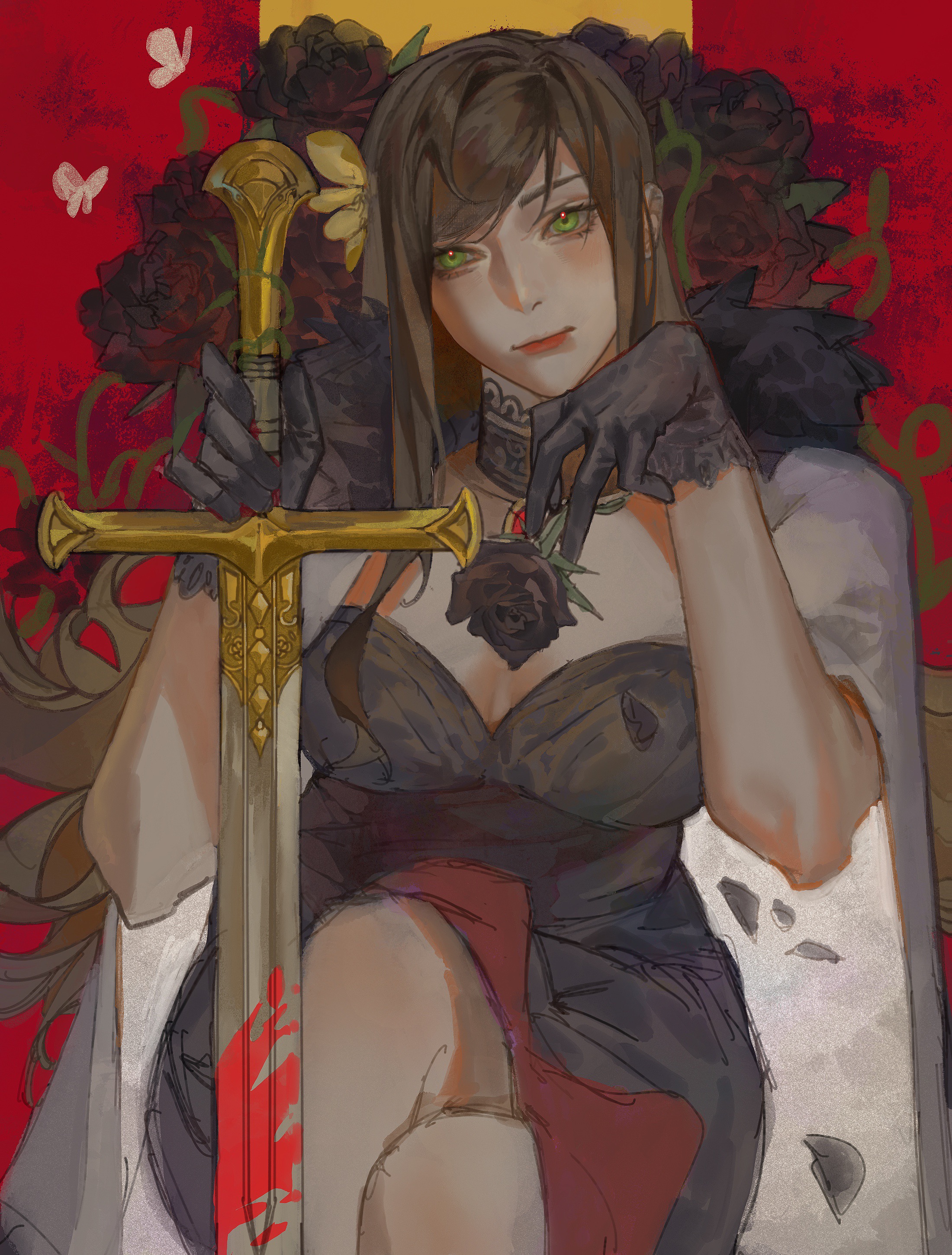 suilin82942, hungary (hetalia), axis powers hetalia, absurdres, highres, 1girl, breasts, brown hair, cape, choker, cleavage, dress, falling petals, flower, fur-trimmed cape, fur trim, gloves, green eyes, hand on hilt, holding, holding flower, large breasts, long hair, looking at viewer, petals, smile, solo, sword, weapon
