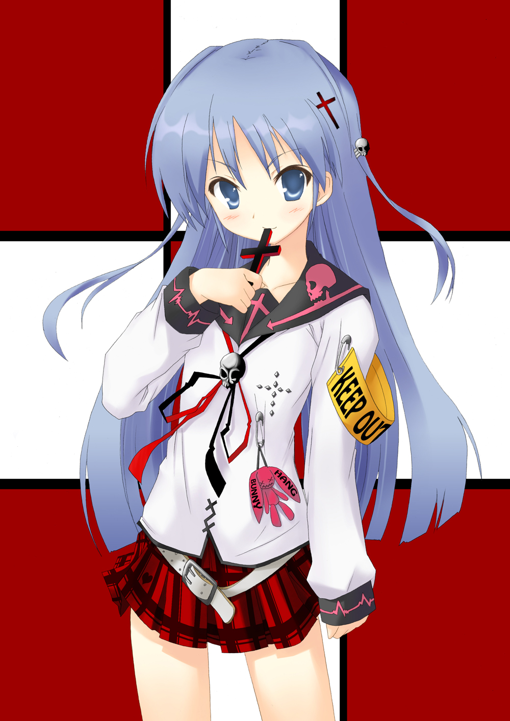 emuke, mk (masatusaboten), bad id, bad pixiv id, highres, belt, blue hair, blush, cross, long hair, ribbon, safety pin, school uniform, serafuku, skirt, skull, solo