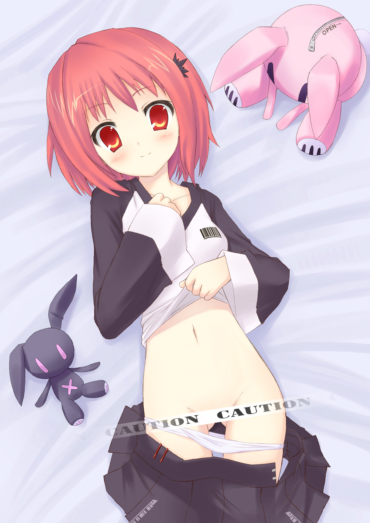 emuke, mk (masatusaboten), bad id, bad pixiv id, highres, 1girl, blush, censored, female focus, panties, red hair, short hair, skirt, solo, stuffed animal, stuffed rabbit, stuffed toy, underwear