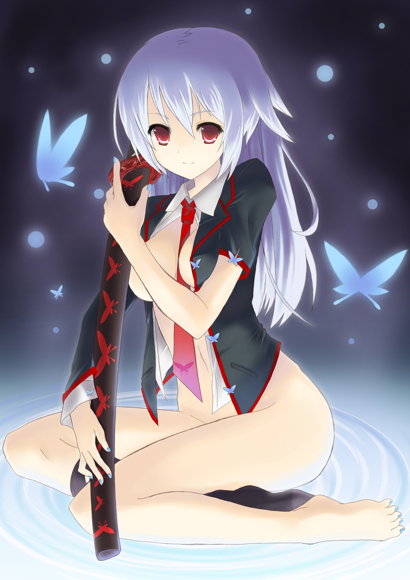 emuke, mk (masatusaboten), bad id, bad pixiv id, highres, 1girl, barefoot, blue nails, bottomless, bug, butterfly, feet, female focus, insect, katana, long hair, nail polish, necktie, no bra, no panties, red eyes, solo, sword, toenail polish, toenails, weapon, white hair