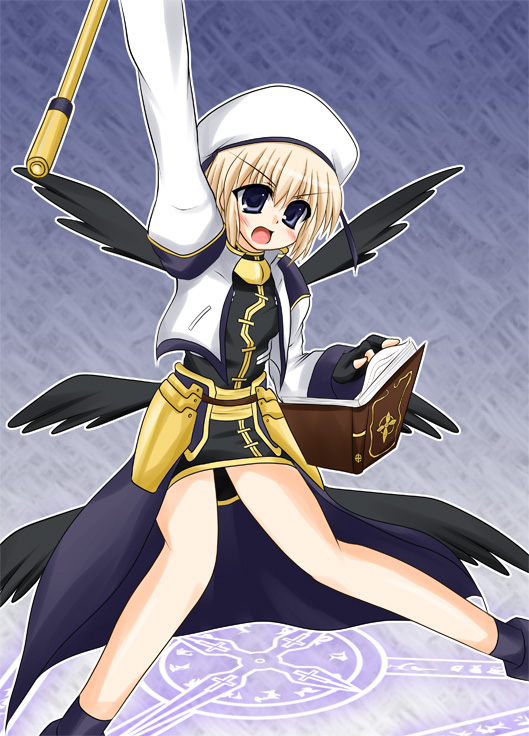 cross (artist), cross (crossryou), schwertkreuz, tome of the night sky, yagami hayate, lyrical nanoha, mahou shoujo lyrical nanoha, mahou shoujo lyrical nanoha a's, bad id, bad pixiv id, 00s, 1girl, blue eyes, book, brown hair, female focus, hat, solo, staff, wings