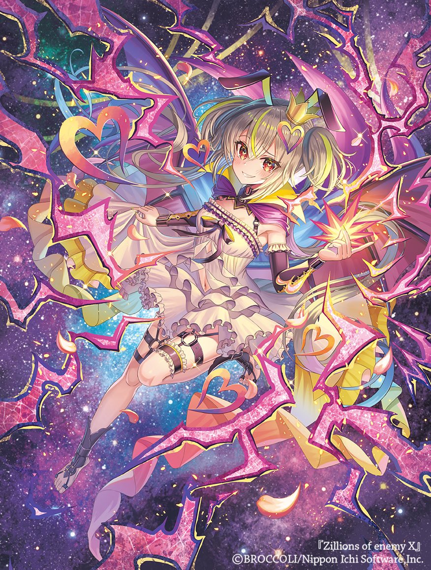 madopen, z/x, official art, 1girl, animal ears, blonde hair, clenched teeth, clothing cutout, copyright notice, crown, demon wings, detached sleeves, dress, evil smile, frilled dress, frills, grey hair, hair ornament, hastur (z/x), heart, heart-shaped pupils, heart hair ornament, multicolored hair, navel, navel cutout, orange eyes, rabbit ears, smile, solo, space, sparkle, symbol-shaped pupils, teeth, thigh strap, twintails, white dress, wings