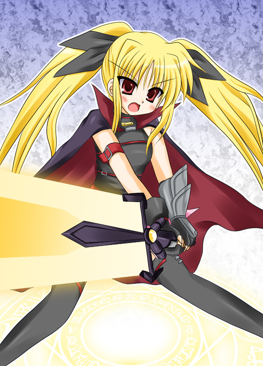 cross (artist), cross (crossryou), bardiche (nanoha), bardiche (zanber form) (nanoha), fate testarossa, fate testarossa (lightning form), lyrical nanoha, mahou shoujo lyrical nanoha, bad id, bad pixiv id, 00s, 1girl, blonde hair, cape, energy sword, female focus, hair ribbon, long hair, red eyes, ribbon, solo, sword, thighhighs, twintails, weapon
