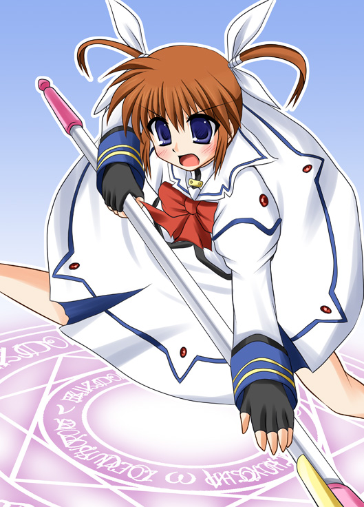 cross (artist), cross (crossryou), raising heart, takamachi nanoha, takamachi nanoha (sacred mode), lyrical nanoha, mahou shoujo lyrical nanoha, bad id, bad pixiv id, 00s, 1girl, blue eyes, brown hair, dress, female focus, gloves, hair ribbon, ribbon, solo, twintails