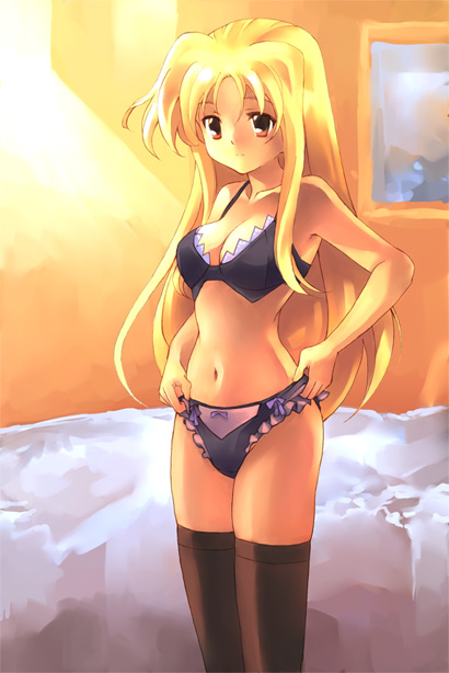 kouno hikaru, fate testarossa, lyrical nanoha, mahou shoujo lyrical nanoha, mahou shoujo lyrical nanoha strikers, 00s, 1girl, black panties, blonde hair, bra, breasts, female focus, lingerie, long hair, navel, panties, red eyes, solo, thighhighs, underwear, underwear only
