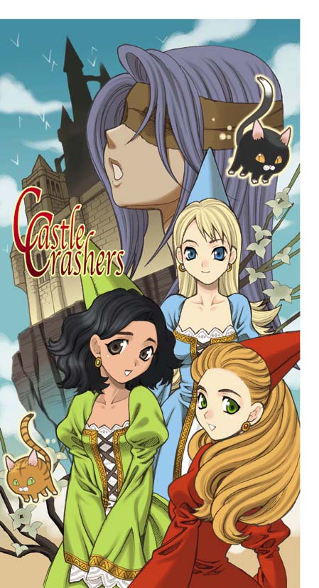 yukiyanagi, castle crashers, 4girls, blindfold, castle, cat, dark-skinned female, dark skin, multiple girls, princess, sky