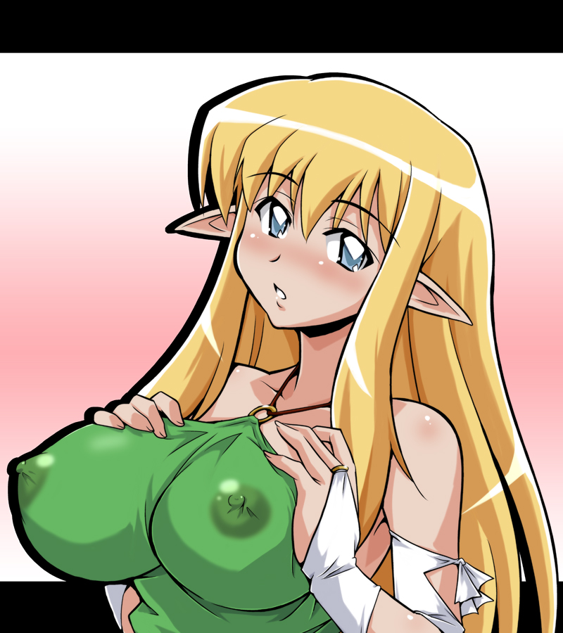 ryumage, tiffania westwood, zero no tsukaima, 00s, blonde hair, blue eyes, blush, breasts, bridal gauntlets, covered erect nipples, elf, halterneck, large breasts, long hair, pointy ears, see-through clothes, solo