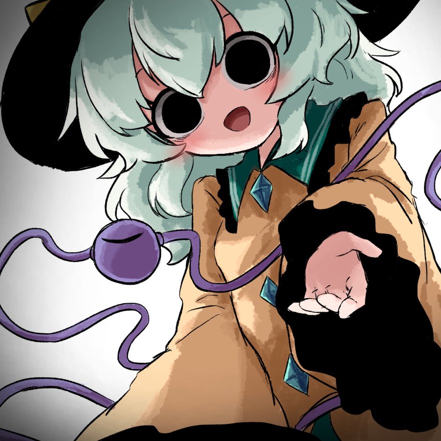 heripantomorrow, komeiji koishi, touhou, 1girl, :d, black eyes, blush, empty eyes, frilled sleeves, frills, gradient background, green hair, grey background, hair between eyes, hat, long sleeves, looking at viewer, open mouth, shirt, short hair, sleeves past wrists, smile, solo, third eye, wide sleeves, yellow shirt