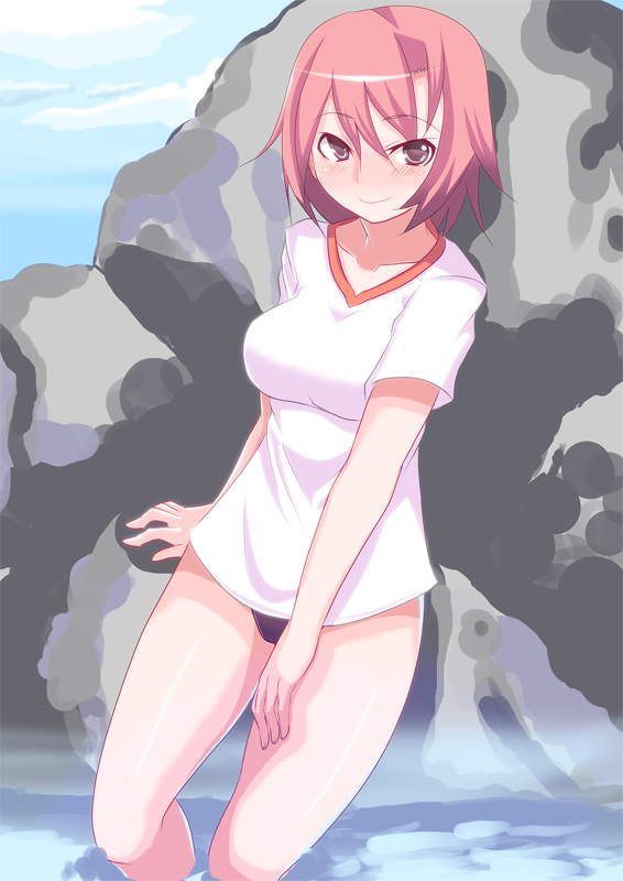 johnny funamushi, bad id, bad pixiv id, 1girl, blush, breasts, brown eyes, female focus, grey eyes, gym uniform, large breasts, looking at viewer, outdoors, pink hair, red hair, short hair, smile, solo