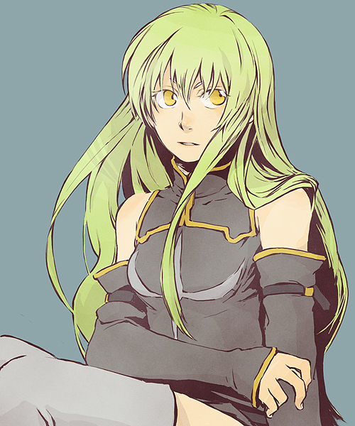 tame, c.c., code geass, bad id, bad pixiv id, 00s, 1girl, female focus, green hair, simple background, solo, yellow eyes