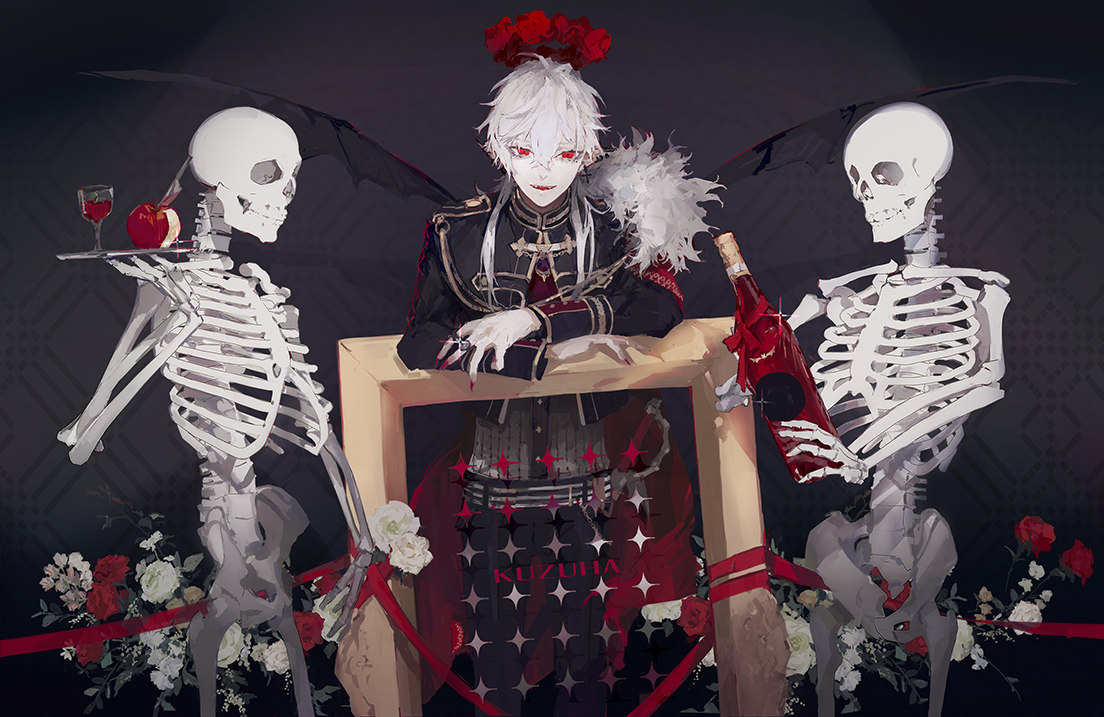 xdakn, kuzuha (2nd costume) (nijisanji), kuzuha (nijisanji), nijisanji, 1boy, aiguillette, alcohol, apple, arm rest, ascot, bat wings, black background, black jacket, black pants, bottle, cape, character name, cowboy shot, cropped jacket, cross, cross earrings, cup, drinking glass, ear piercing, earrings, empty picture frame, fangs, fingernails, flower, flower halo, food, fruit, fur-trimmed cape, fur trim, grey vest, hair between eyes, halo, holding, holding bottle, holding tray, jacket, jewelry, knife, long fingernails, long hair, long sleeves, looking at viewer, male focus, mole, mole under eye, official alternate costume, pants, picture frame, piercing, planted, planted knife, planted weapon, pointy ears, red ascot, red cape, red eyes, red flower, red halo, red nails, red rose, red wine, ring, rose, sharp fingernails, side cape, skeleton, smile, solo, spotlight, standing, straight-on, tray, vampire, vest, virtual youtuber, weapon, white flower, white hair, white rose, wine, wine bottle, wine glass, wings