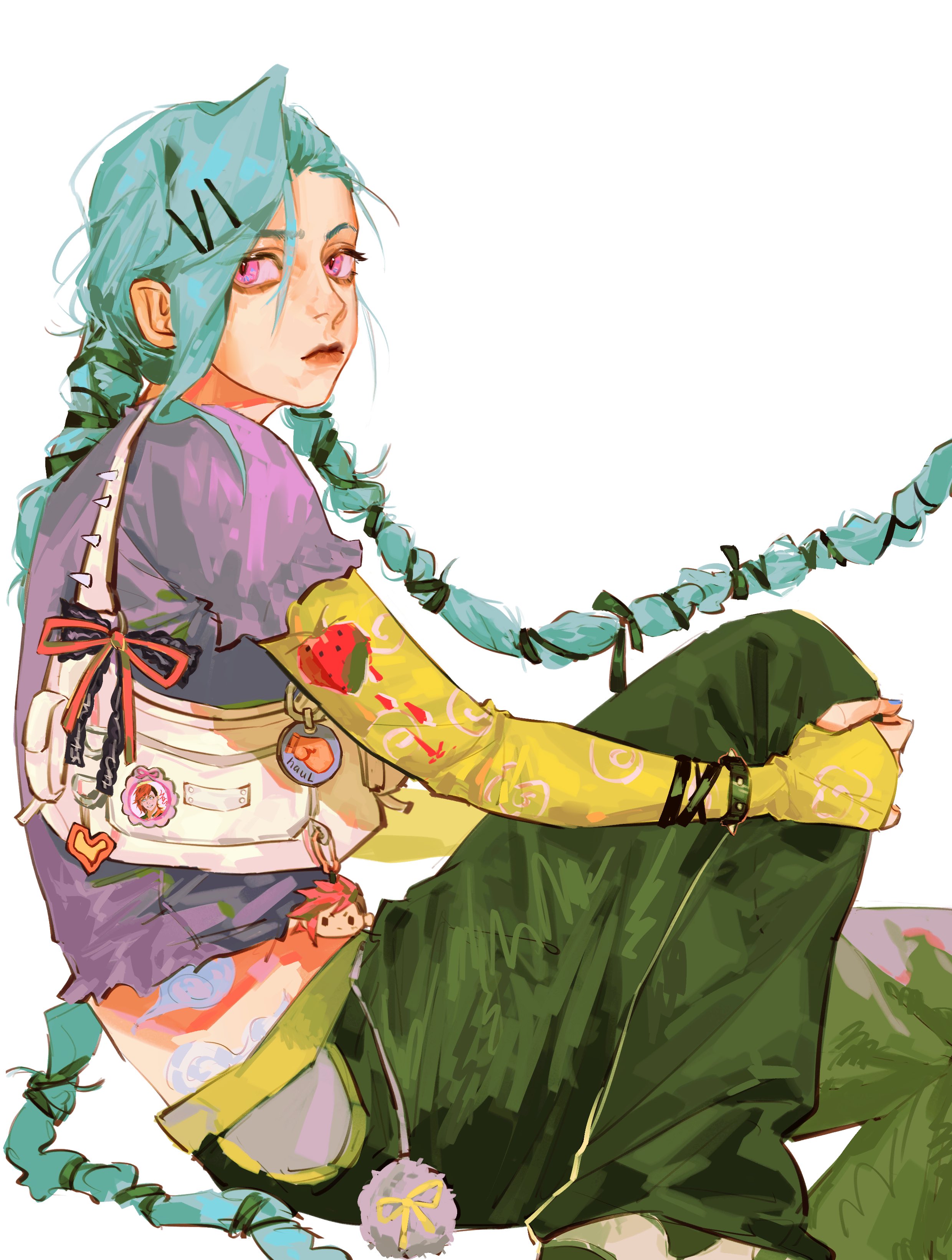 transparentou7, arcane jinx, jinx (league of legends), arcane: league of legends, league of legends, absurdres, highres, 1girl, alternate costume, bag, blue hair, closed mouth, contemporary, elbow gloves, feet out of frame, from side, gloves, green pants, knee up, looking at viewer, midriff, pants, pink eyes, purple shirt, red lips, shirt, shoulder bag, sideways glance, simple background, sitting, solo, stomach tattoo, tattoo, twintails, white background, white bag, yellow gloves