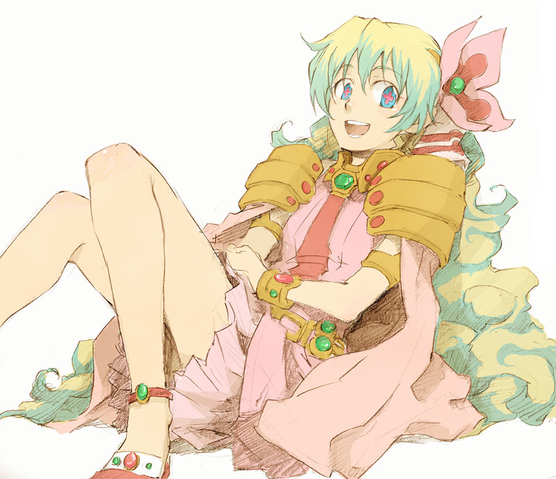 tame, nia teppelin, tengen toppa gurren lagann, bad id, bad pixiv id, + +, 00s, 1girl, bracelet, cross-shaped pupils, female focus, flower, hair flower, hair ornament, jewelry, long hair, multicolored hair, open mouth, shoes, simple background, skirt, smile, solo, symbol-shaped pupils, two-tone hair, white background