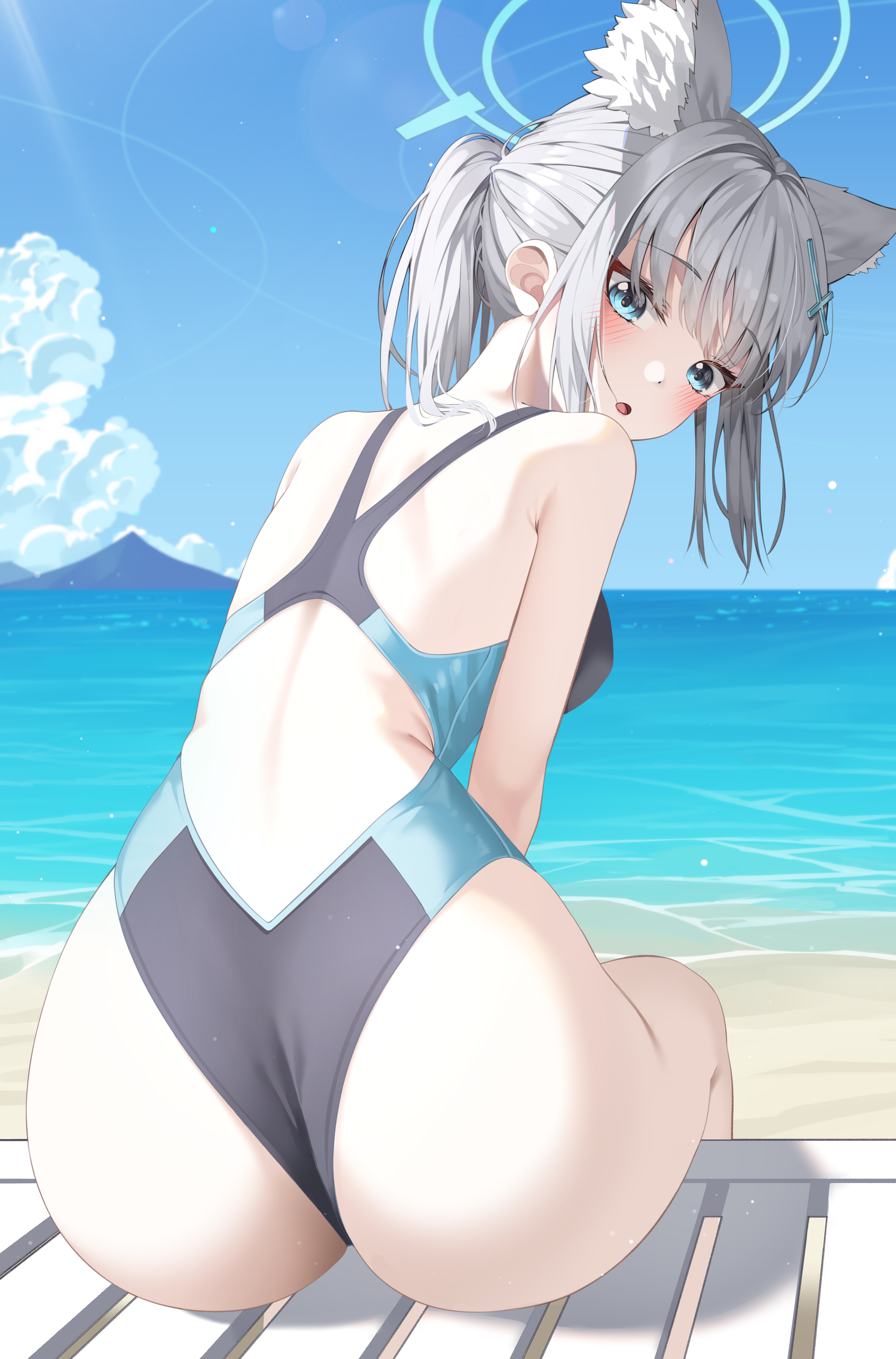 kanzi, shiroko (blue archive), shiroko (swimsuit) (blue archive), blue archive, absurdres, commentary request, highres, 1girl, animal ears, ass, beach, blue eyes, blue halo, blue sky, blush, breasts, cloud, competition swimsuit, cross hair ornament, day, grey hair, hair ornament, halo, highleg, looking at viewer, looking back, medium breasts, ocean, official alternate costume, one-piece swimsuit, outdoors, short hair, sky, solo, swimsuit, wolf ears, wolf girl