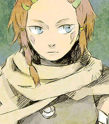 tame, nakiami, bounen no xam'd, bad id, bad pixiv id, lowres, 00s, 1girl, blue eyes, brown hair, expressionless, female focus, green background, looking to the side, short hair, simple background, solo, upper body