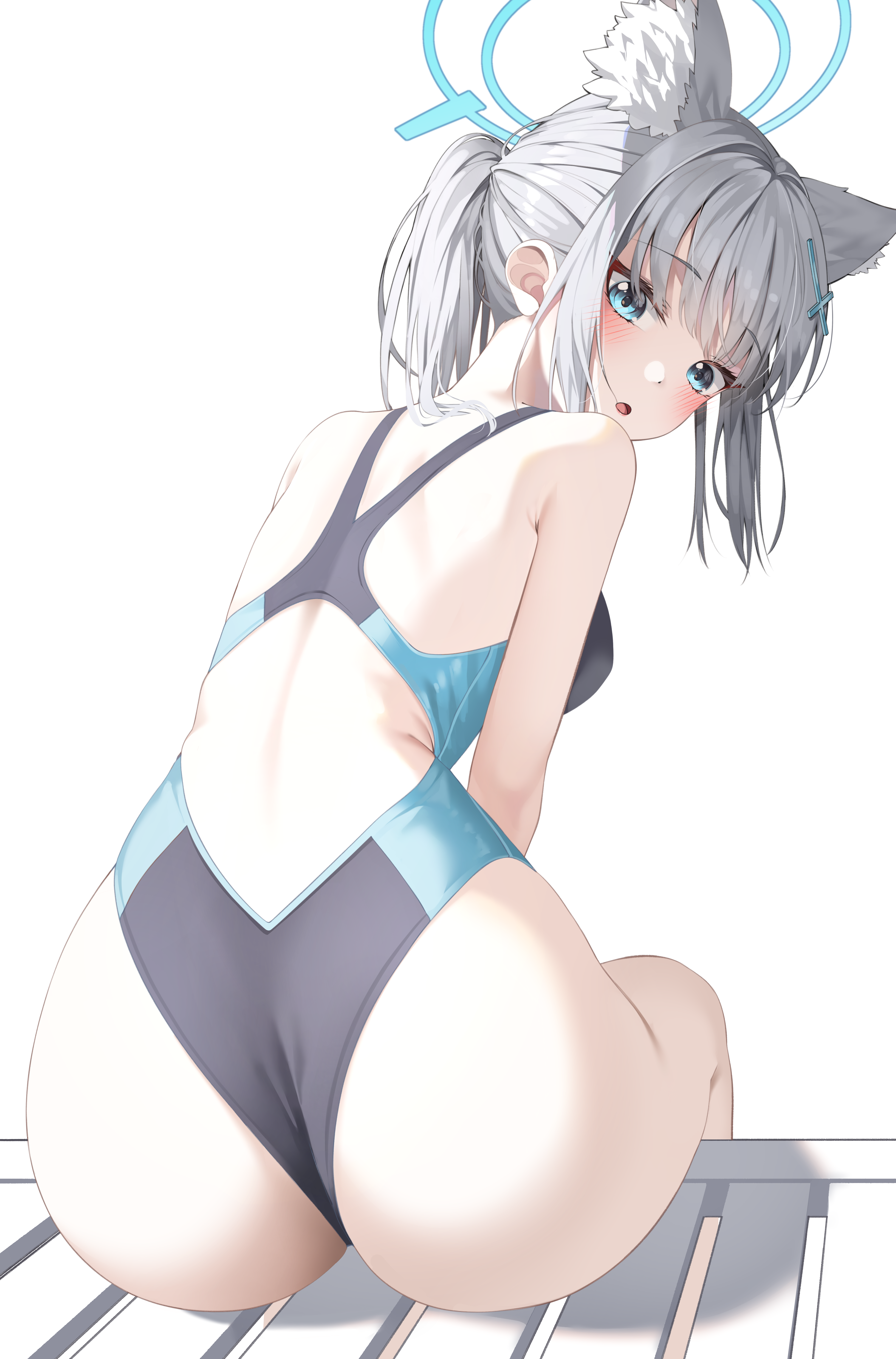 kanzi, shiroko (blue archive), shiroko (swimsuit) (blue archive), blue archive, absurdres, commentary request, highres, 1girl, animal ears, ass, blue eyes, blue halo, blush, breasts, competition swimsuit, cross hair ornament, grey hair, hair ornament, halo, highleg, looking at viewer, looking back, medium breasts, official alternate costume, one-piece swimsuit, short hair, simple background, solo, swimsuit, white background, wolf ears, wolf girl