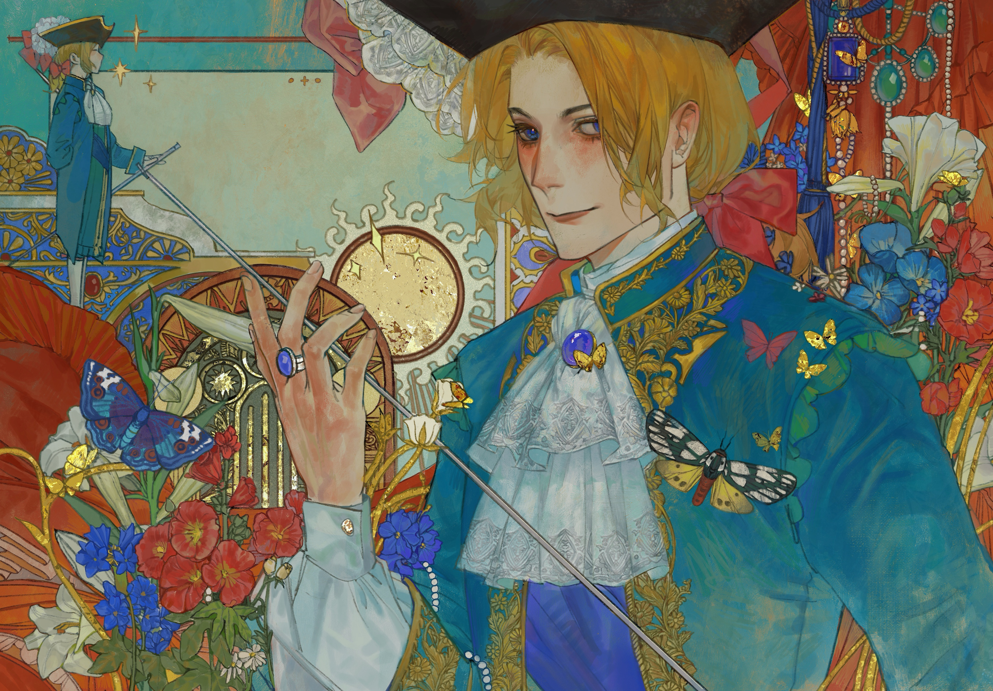 suilin82942, france (hetalia), axis powers hetalia, absurdres, highres, 1boy, ascot, blonde hair, blue eyes, bug, butterfly, coat, hair ribbon, hat, insect, jewelry, long sleeves, looking at viewer, low ponytail, male focus, medium hair, multiple views, ponytail, ribbon, ring, shirt, smile, solo focus
